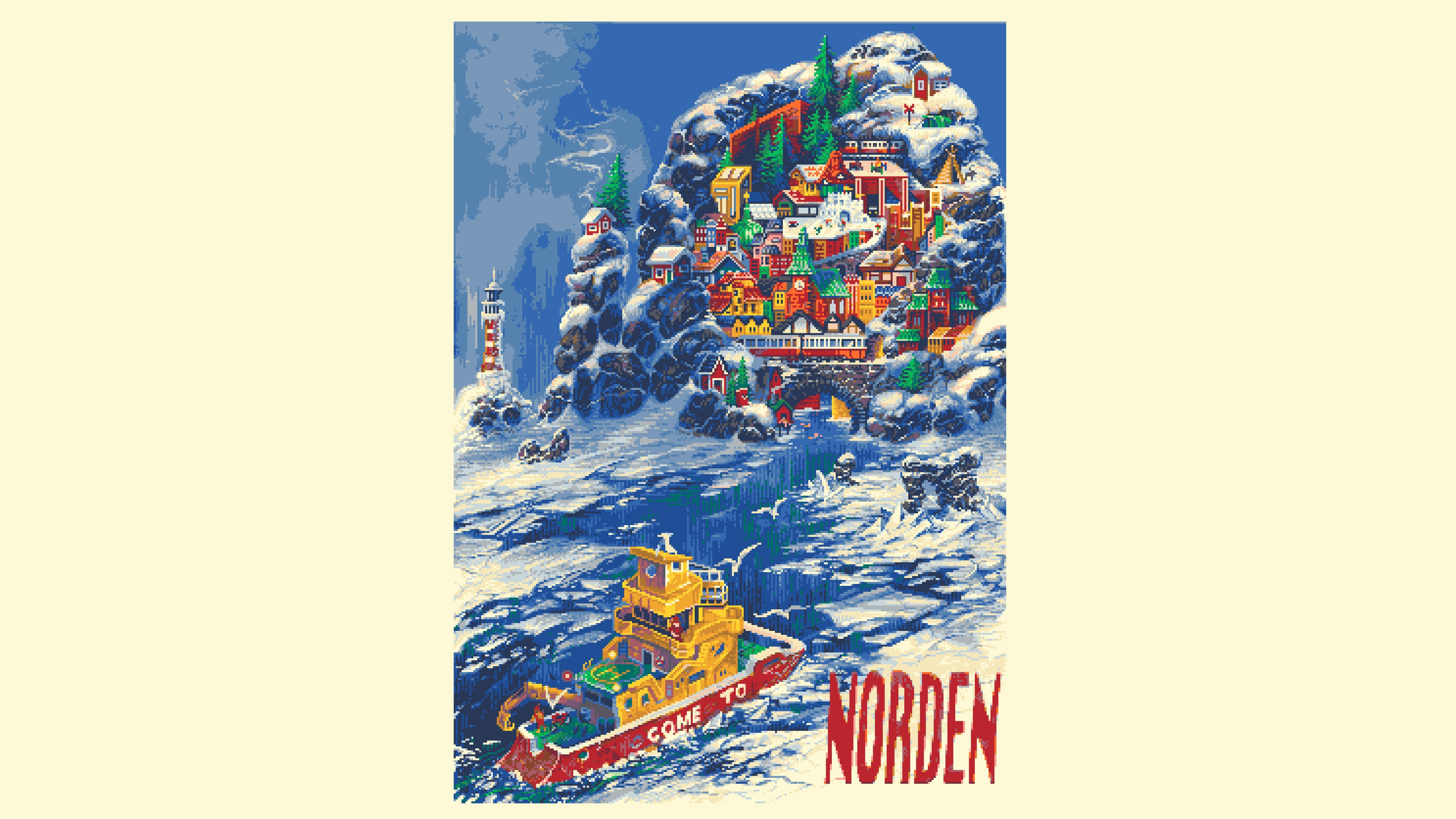 Pixel art of Norden village with a ship and lighthouse HD Wallpaper