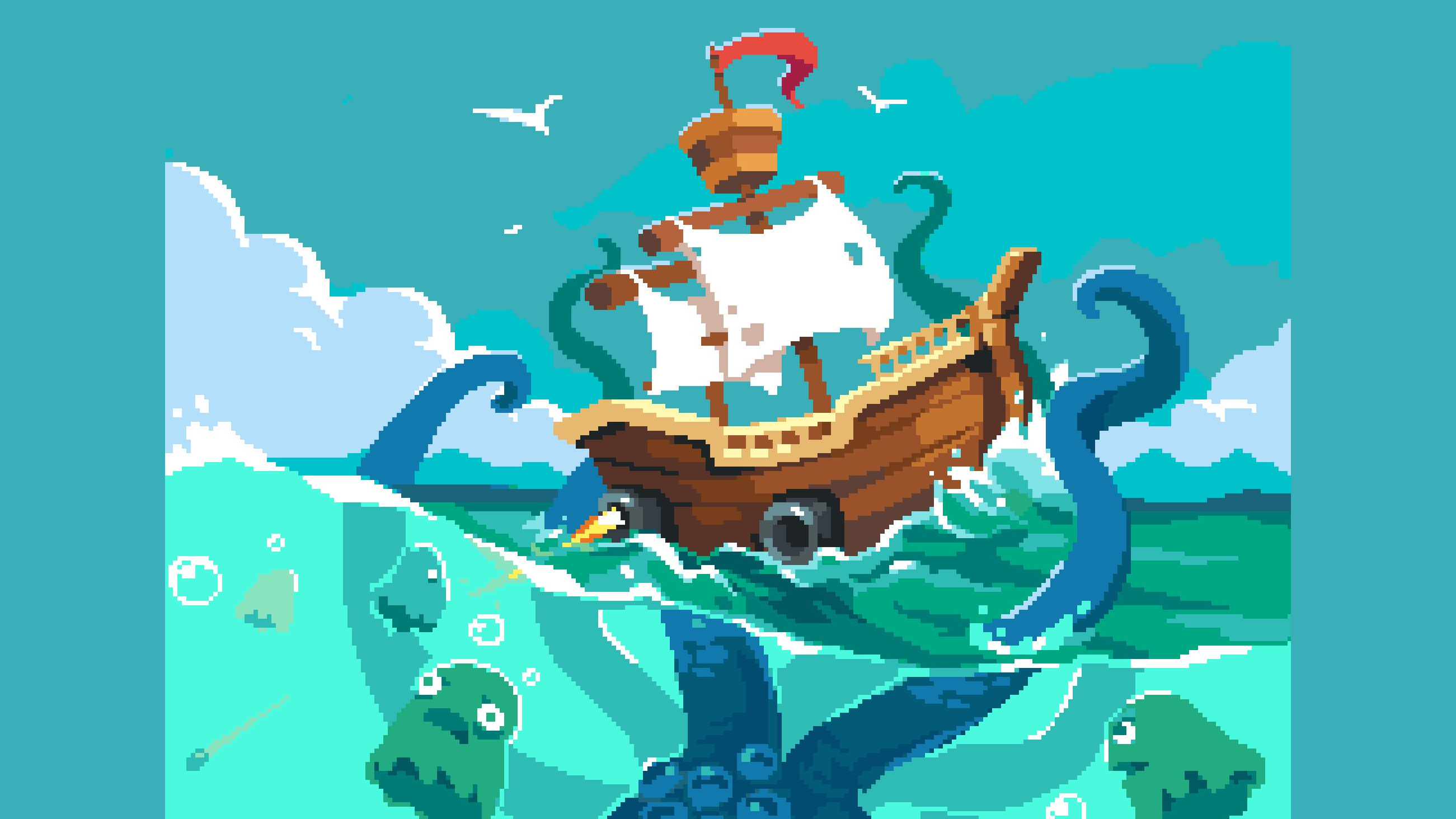 Pixel art ship battling a Kraken in the ocean HD Wallpaper