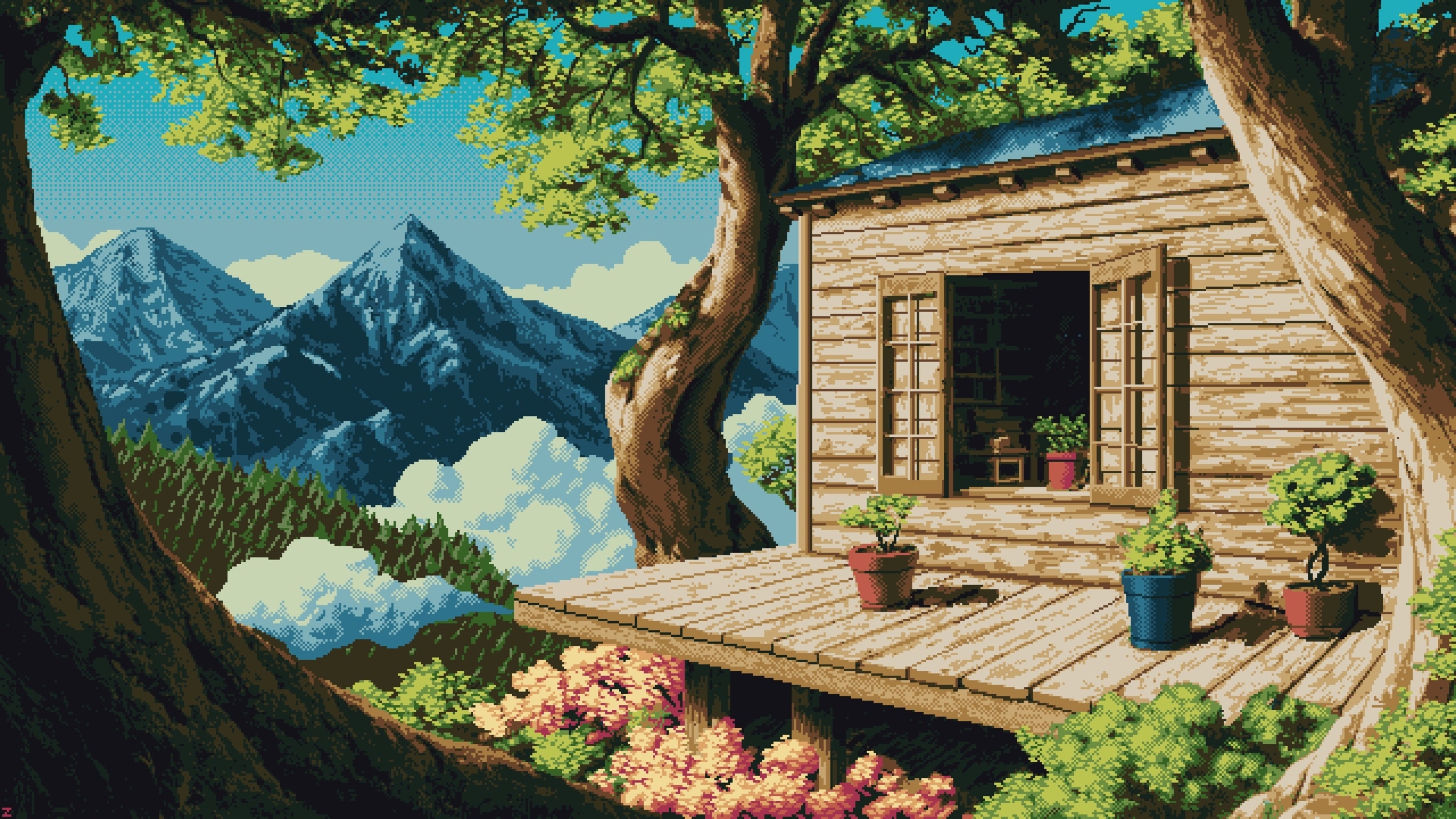 Pixel art cabin in mountains with trees and flowers HD Wallpaper