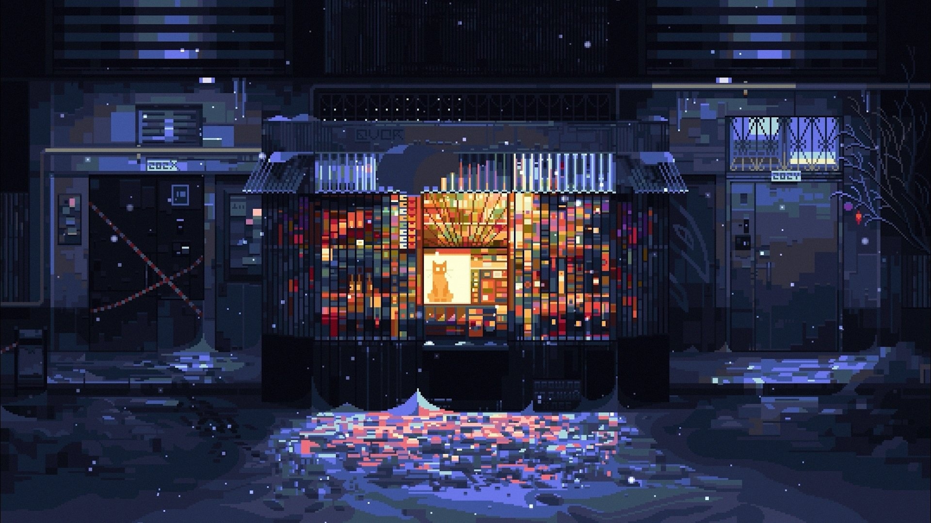 Pixel art of a cat in a brightly lit shop at night HD Wallpaper