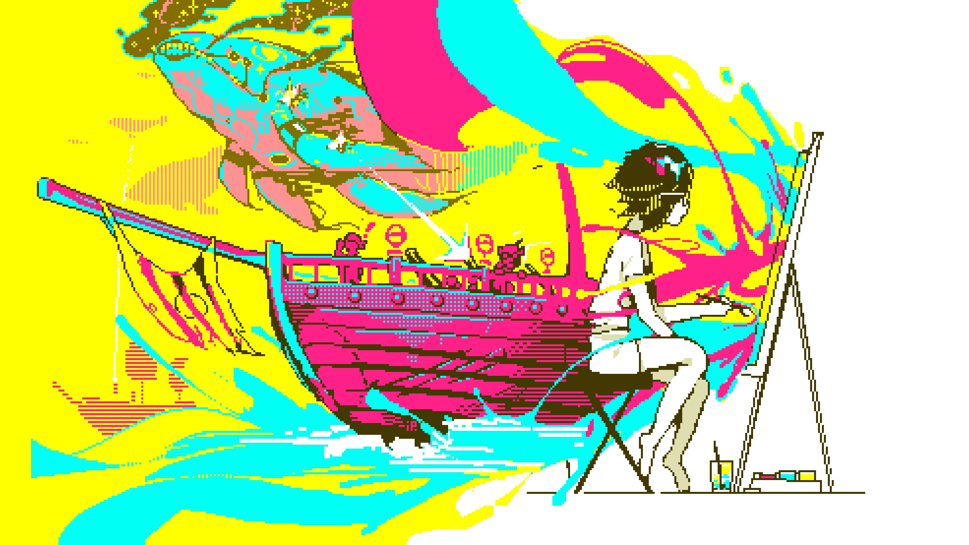 Pixel art of a girl painting a ship with a whale HD Wallpaper