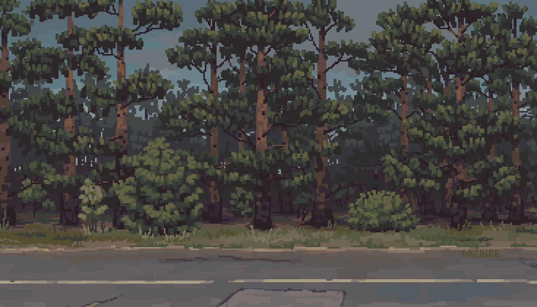 Pixel art of a forest road with tall trees HD Wallpaper