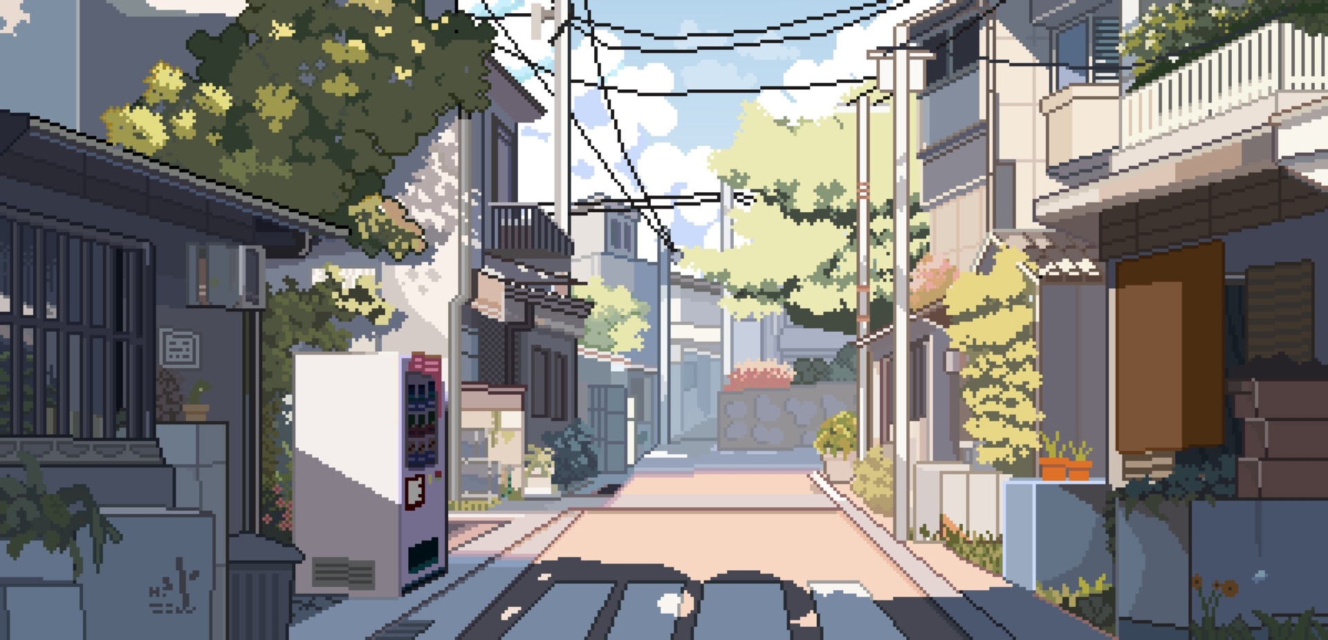 Pixel art street with vending machine and buildings HD Wallpaper