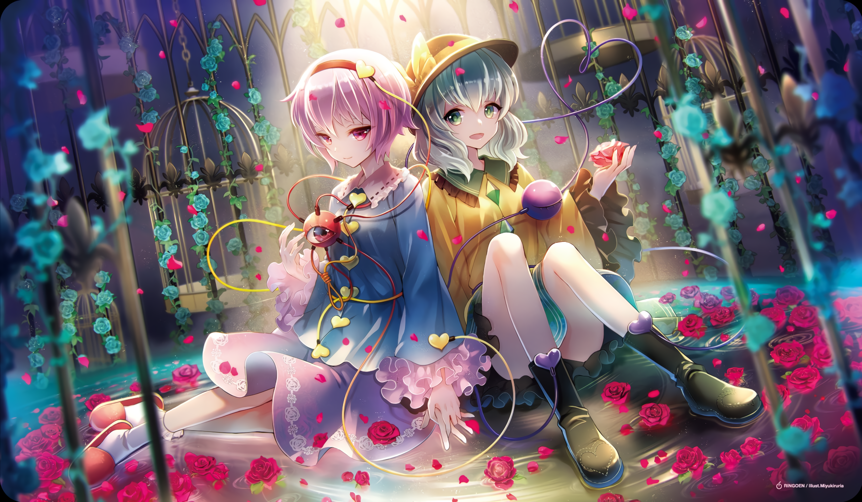 Hata no Kokoro and Komeiji Koishi with Roses HD Wallpaper