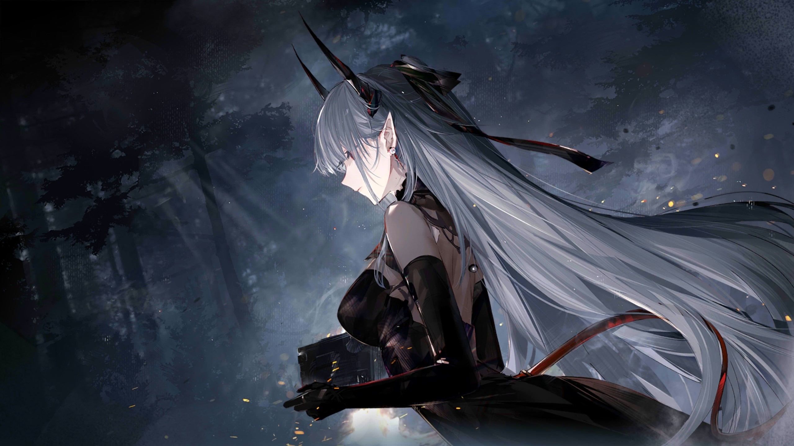 Arknights Sarkaz Sentinel with horns in a dark forest HD Wallpaper