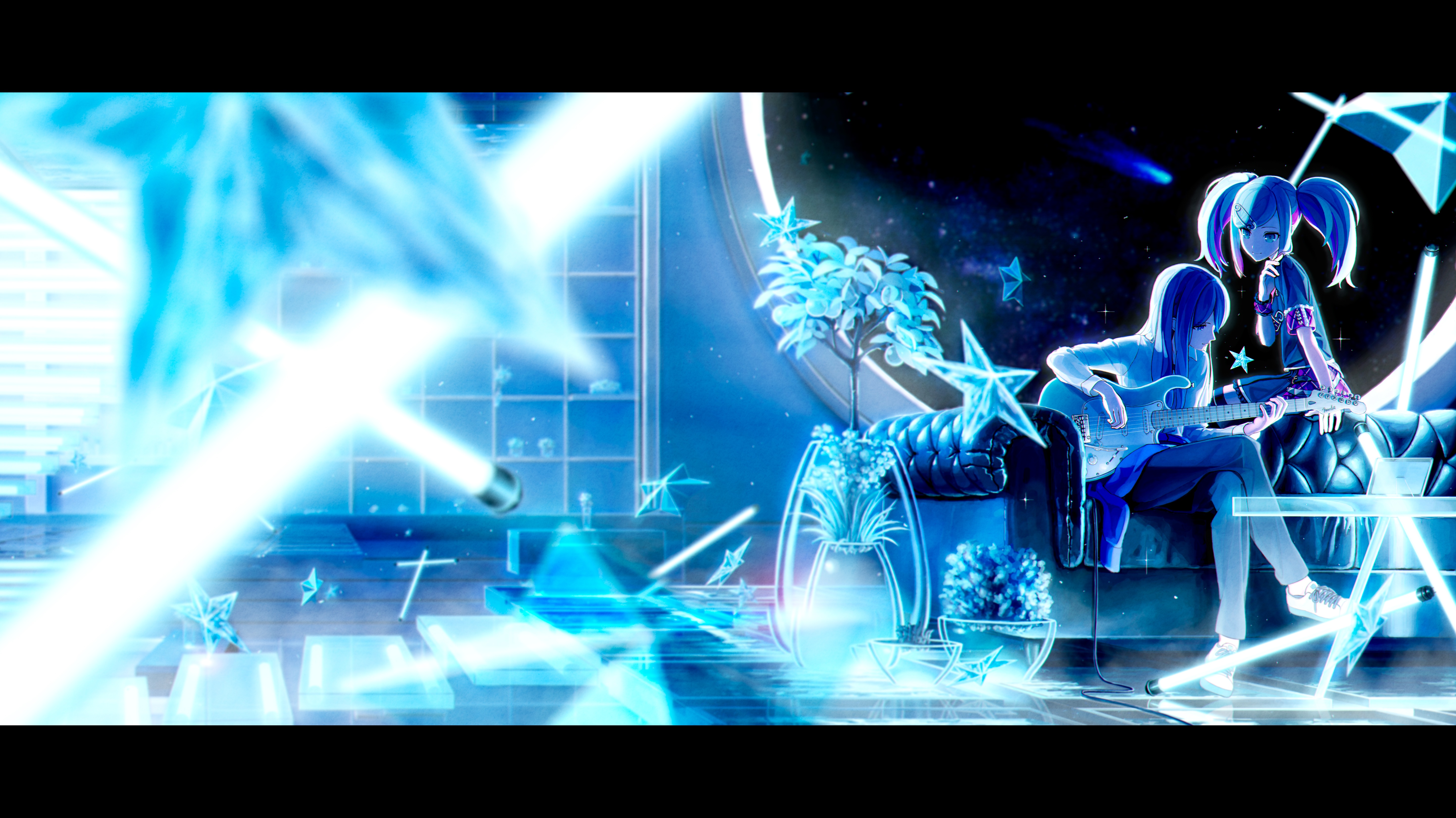 4K Neon Two Women with Guitars and Stars HD Wallpaper