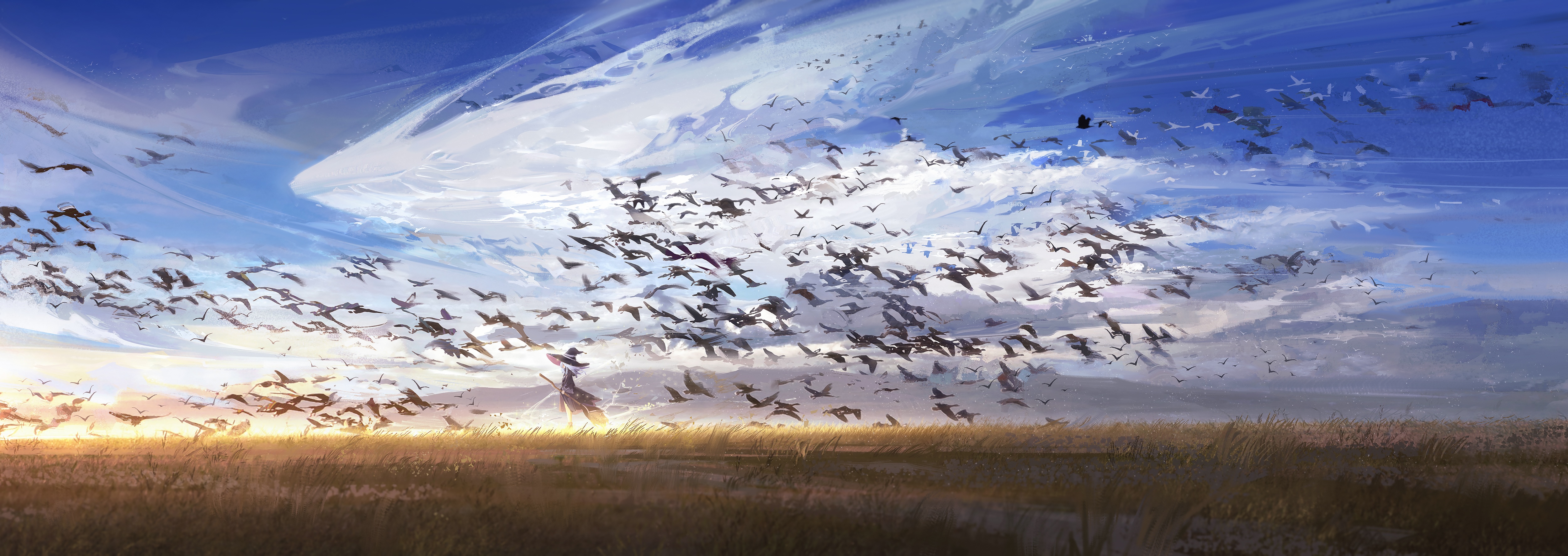Elaina and a flock of birds in the sky HD Wallpaper