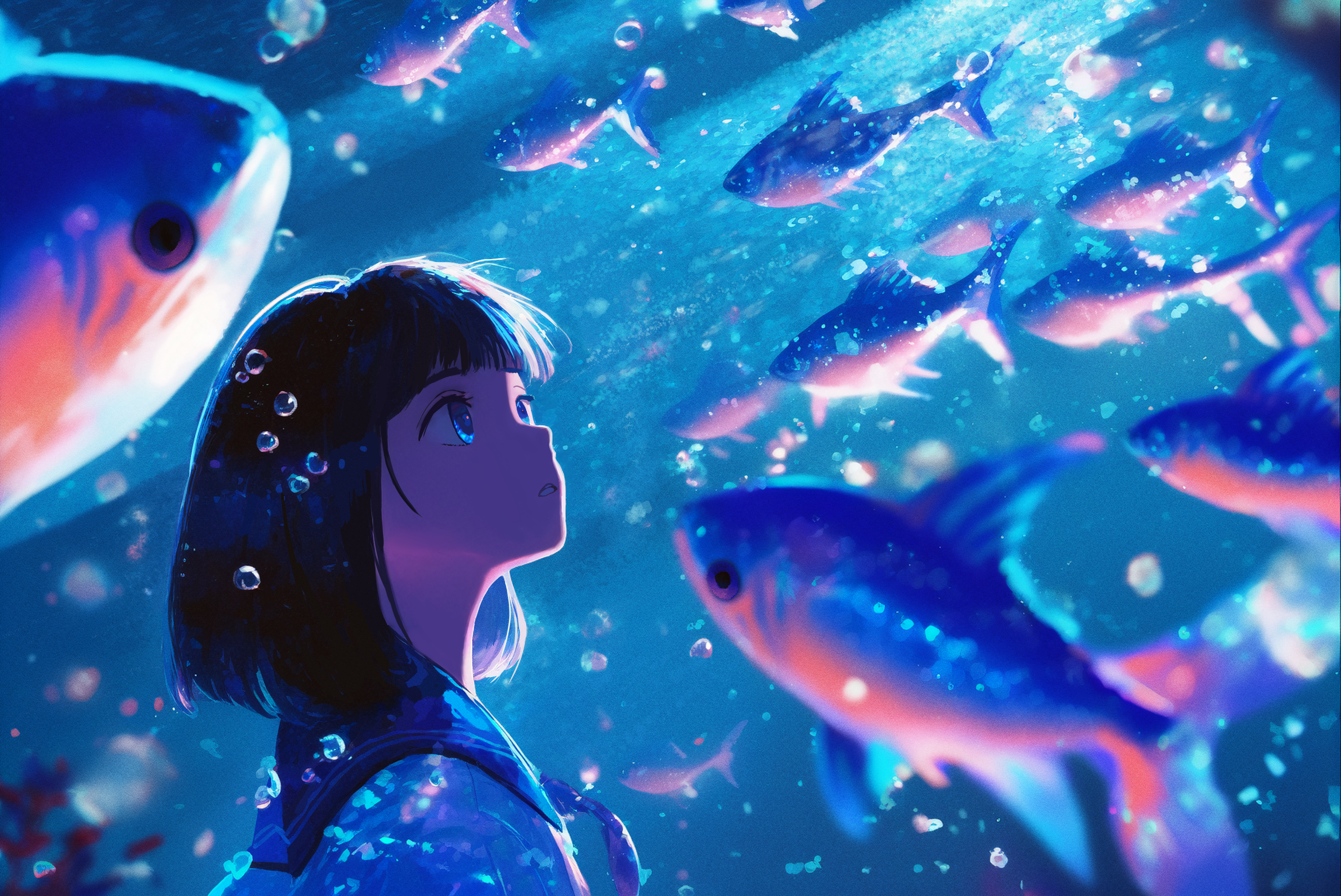 Girl in school uniform underwater with fish HD Wallpaper