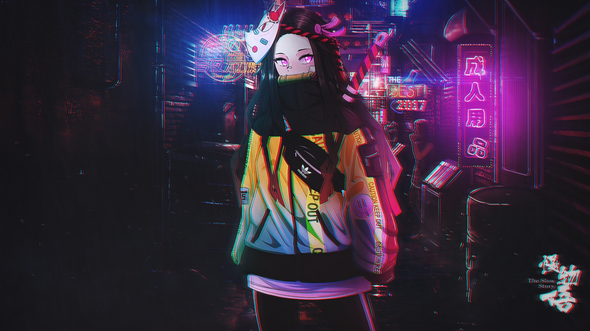 Nezuko Kamado in a cyberpunk Japanese city with neon signs HD Wallpaper