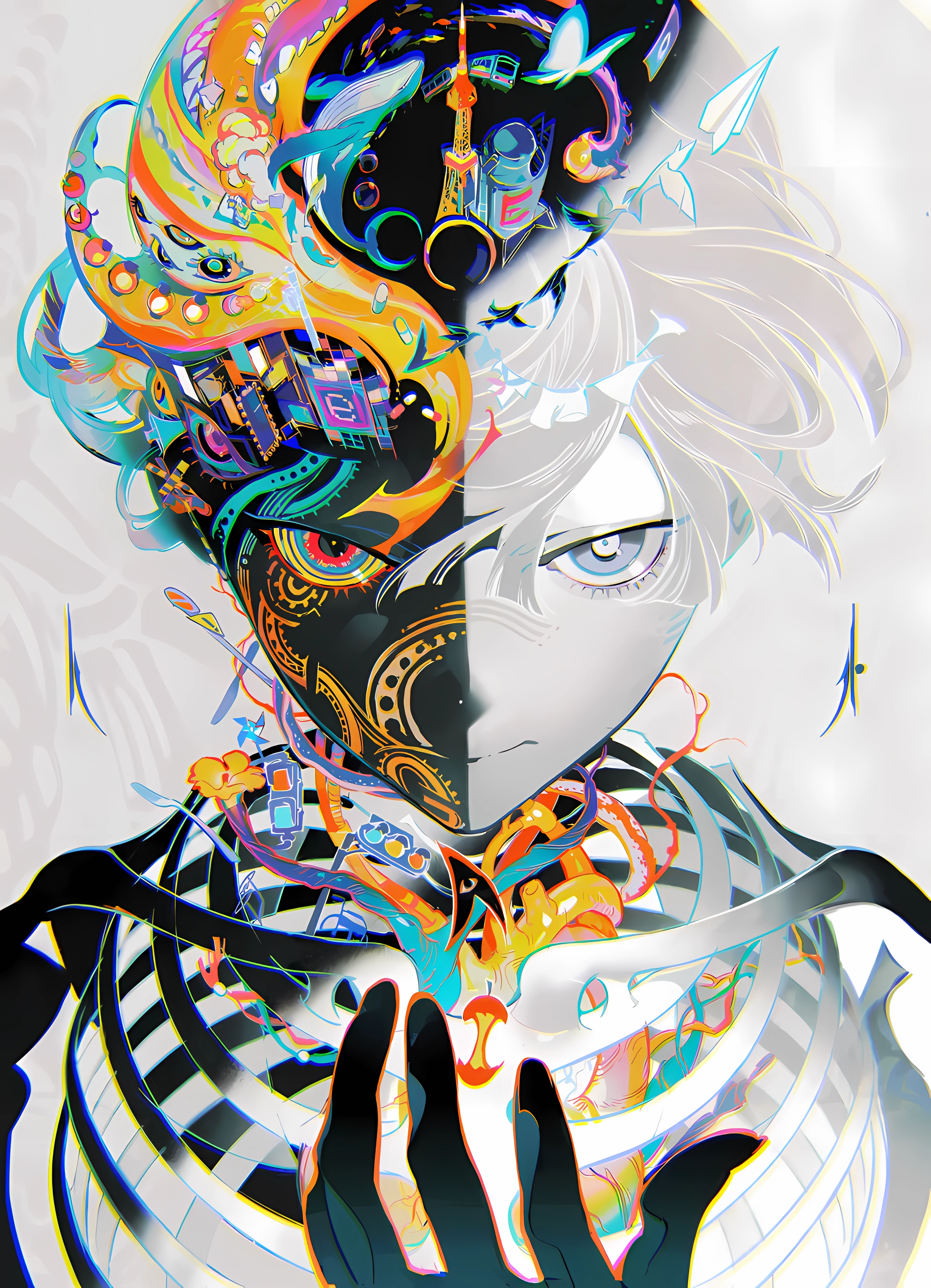 Anime boy with colorful mechanical and organic elements HD Phone Wallpaper