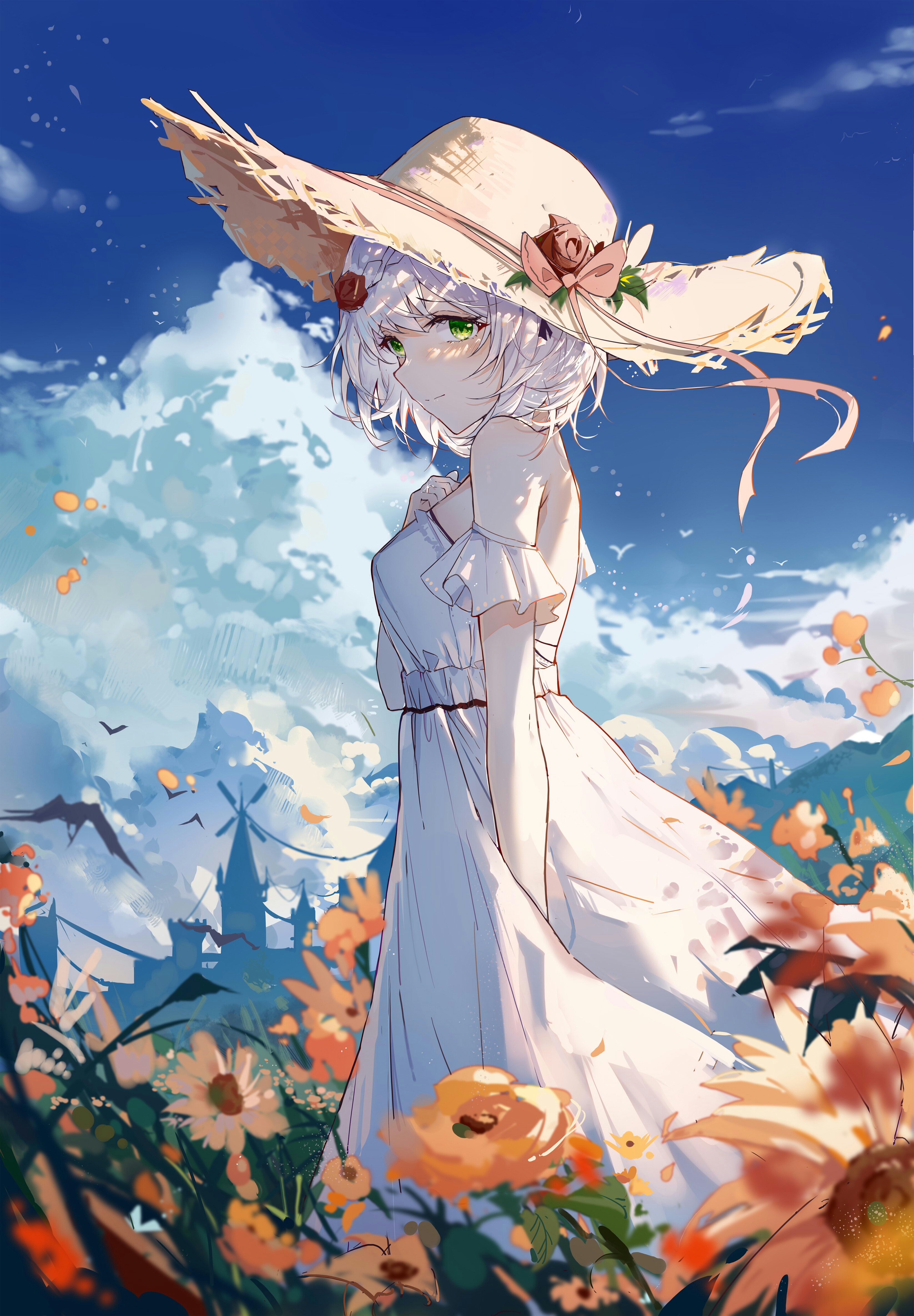 Noelle from Genshin Impact in a white dress and straw hat HD Phone Wallpaper