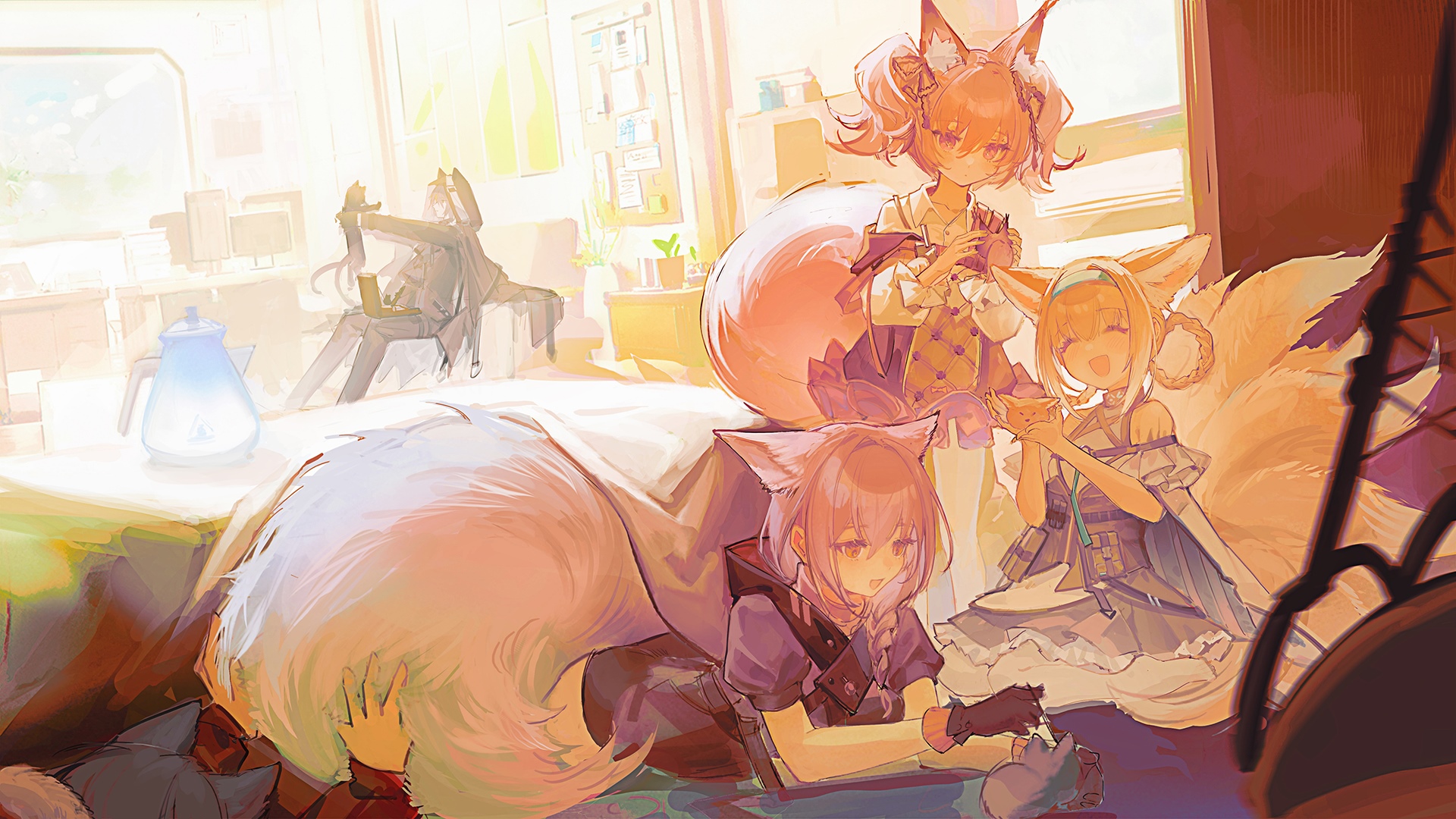 Arknights characters Shamare, Provence, Suzuran, and Phantom HD Wallpaper