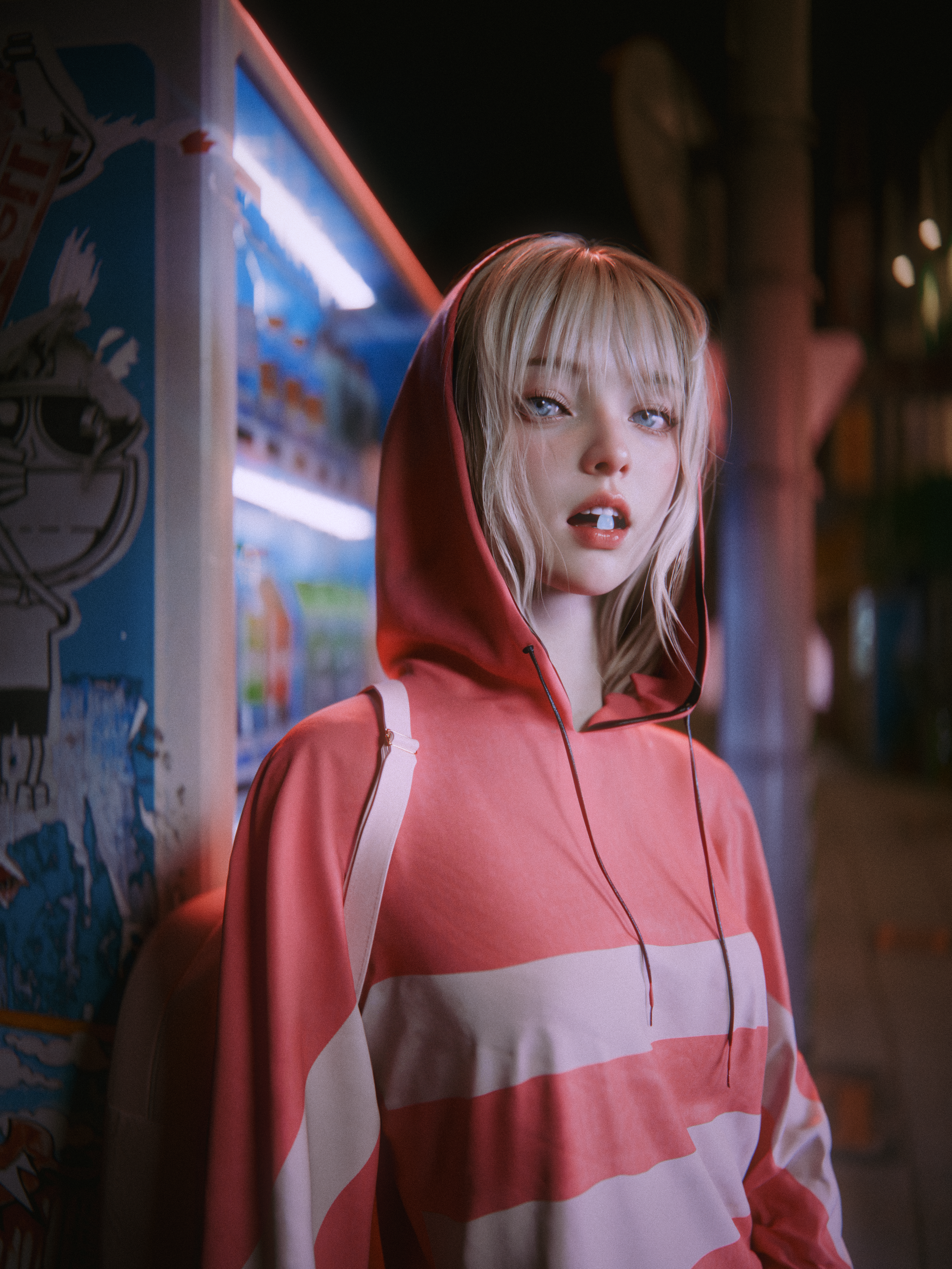 Woman with blonde hair in a pink hoodie at night HD Phone Wallpaper