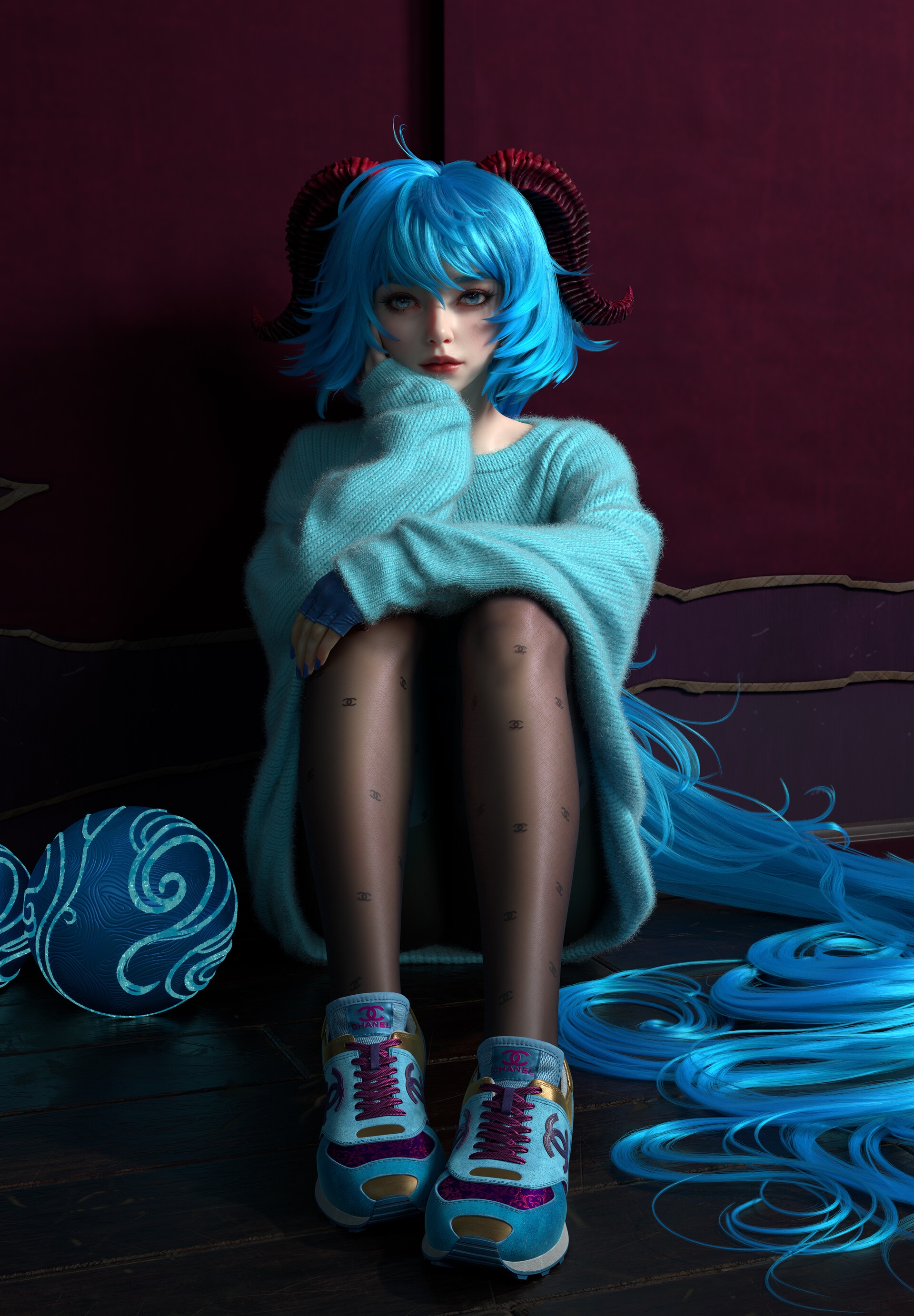 Ganyu with blue hair and horns sitting HD Phone Wallpaper
