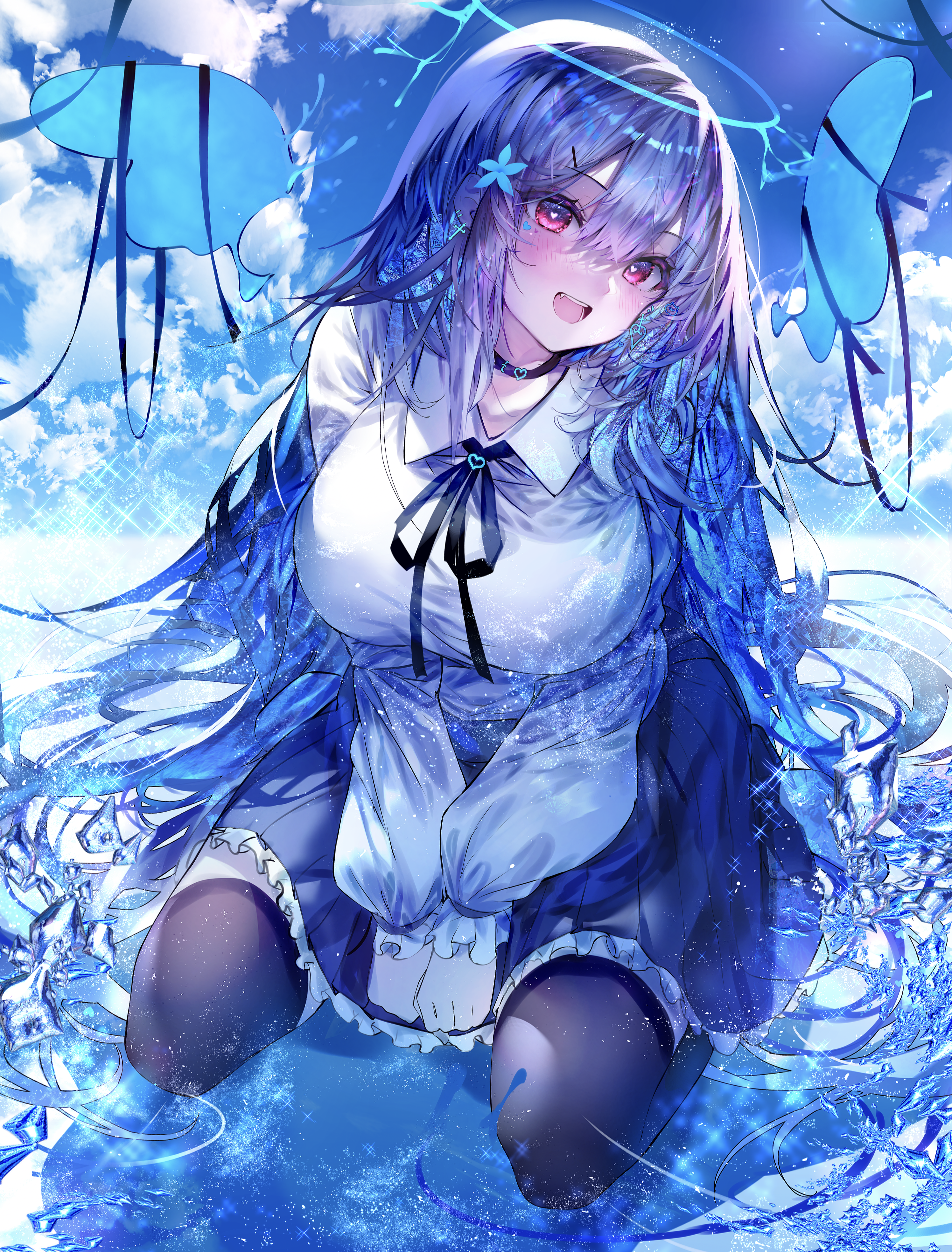 Anime girl with blue hair and school uniform in water HD Phone Wallpaper