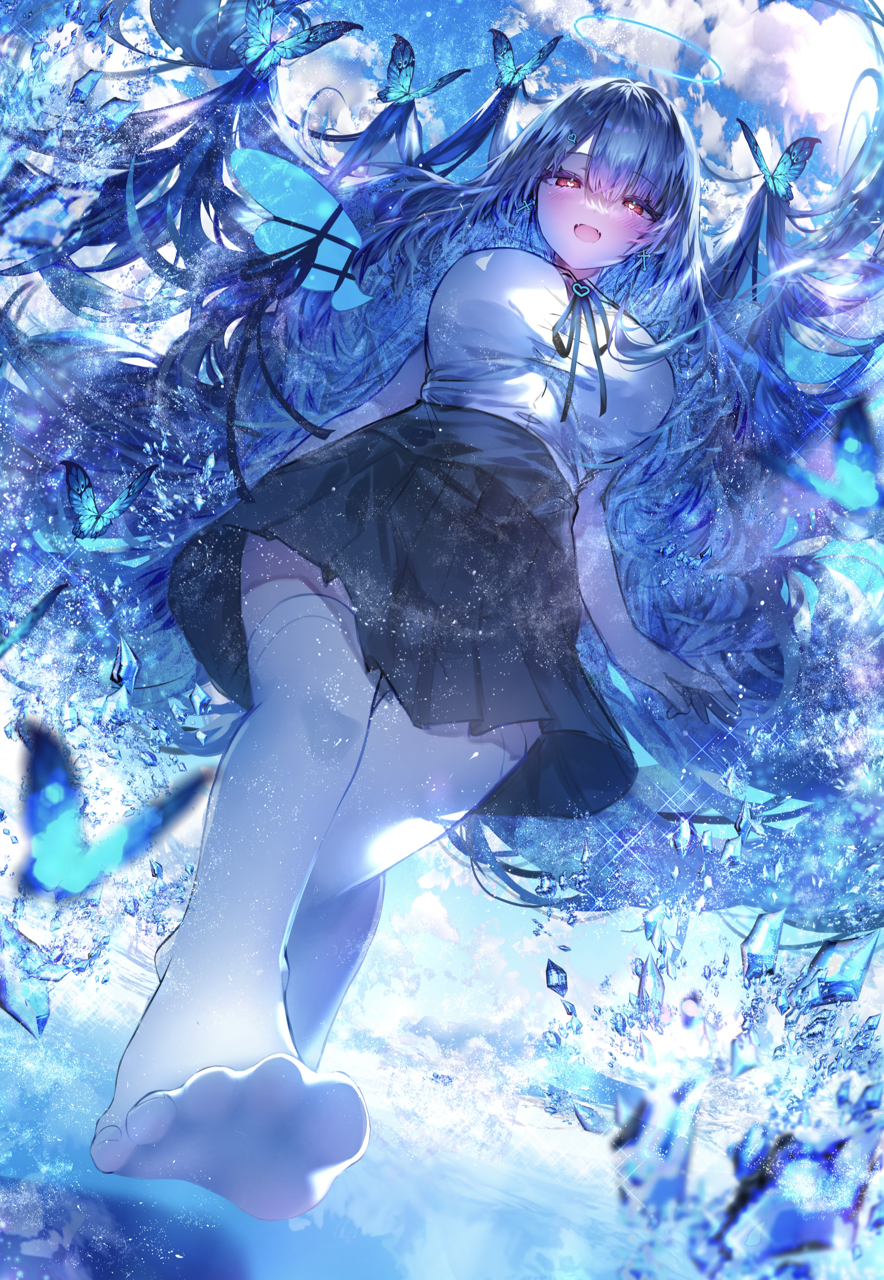 Anime girl with blue hair and butterflies in the sky HD Phone Wallpaper