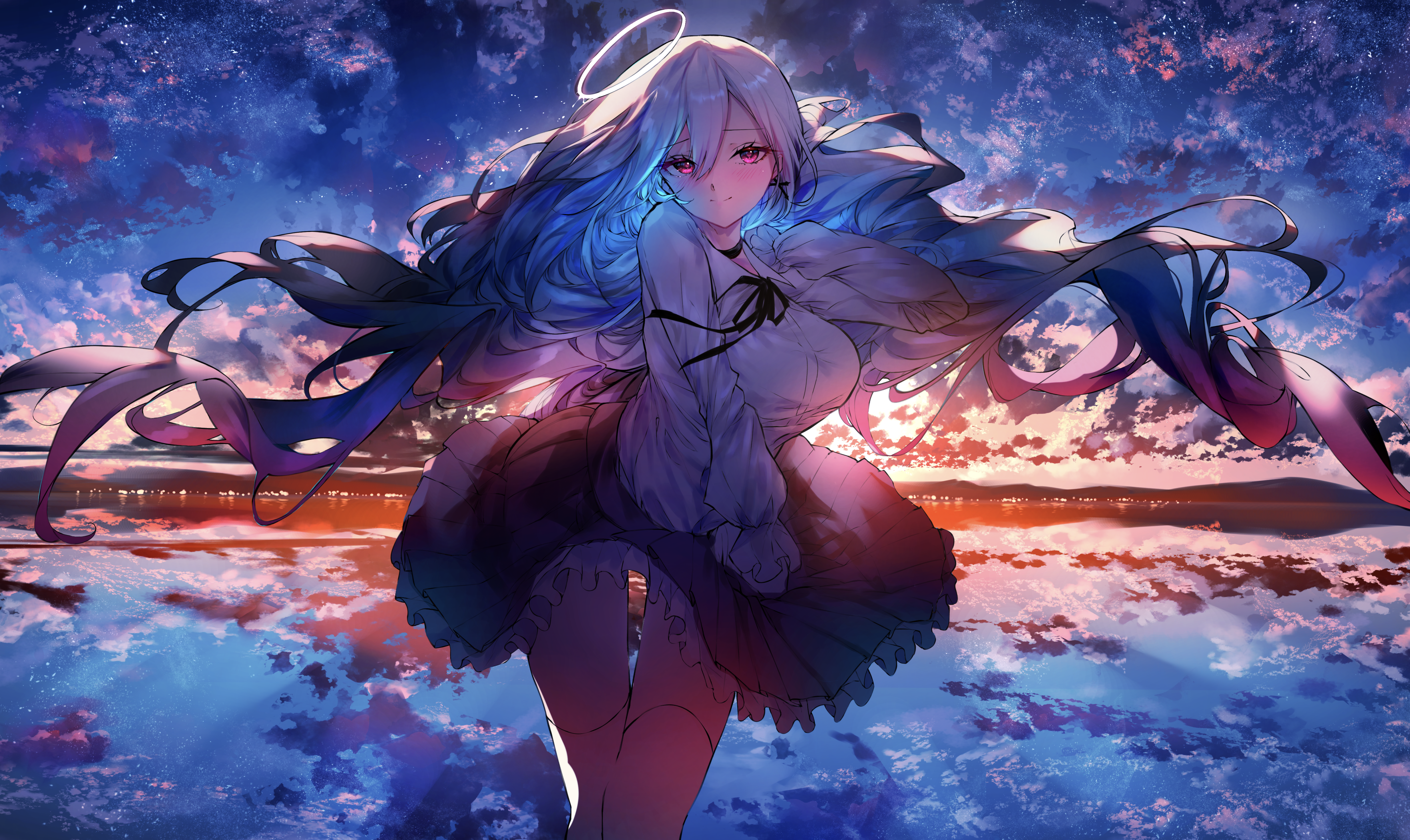 4K Anime Girl with Halo at Sunset HD Wallpaper