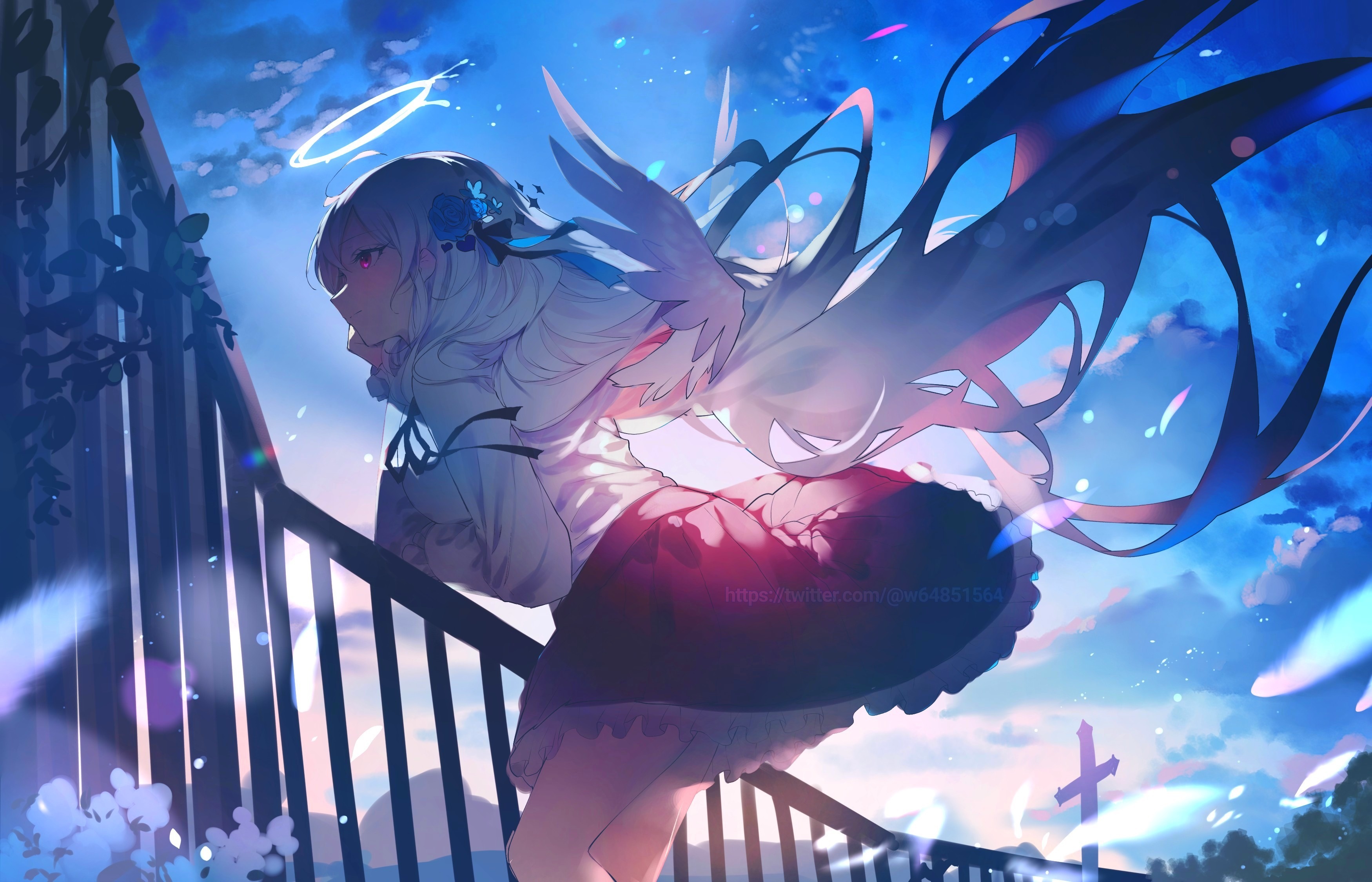 Anime girl with wings and halo on stairs HD Wallpaper