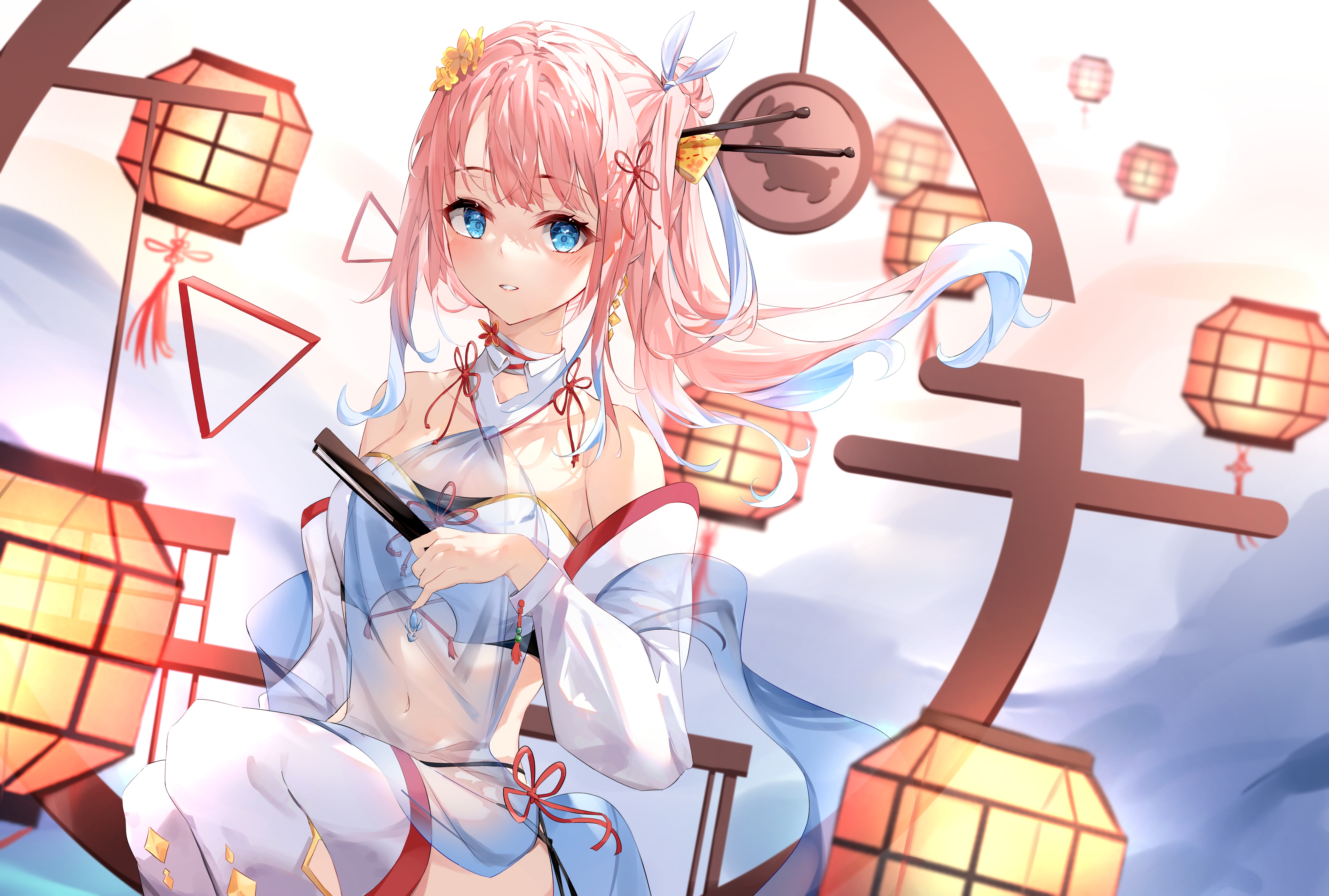 4K Anime Girl with Pink Gradient Hair and Lanterns HD Wallpaper