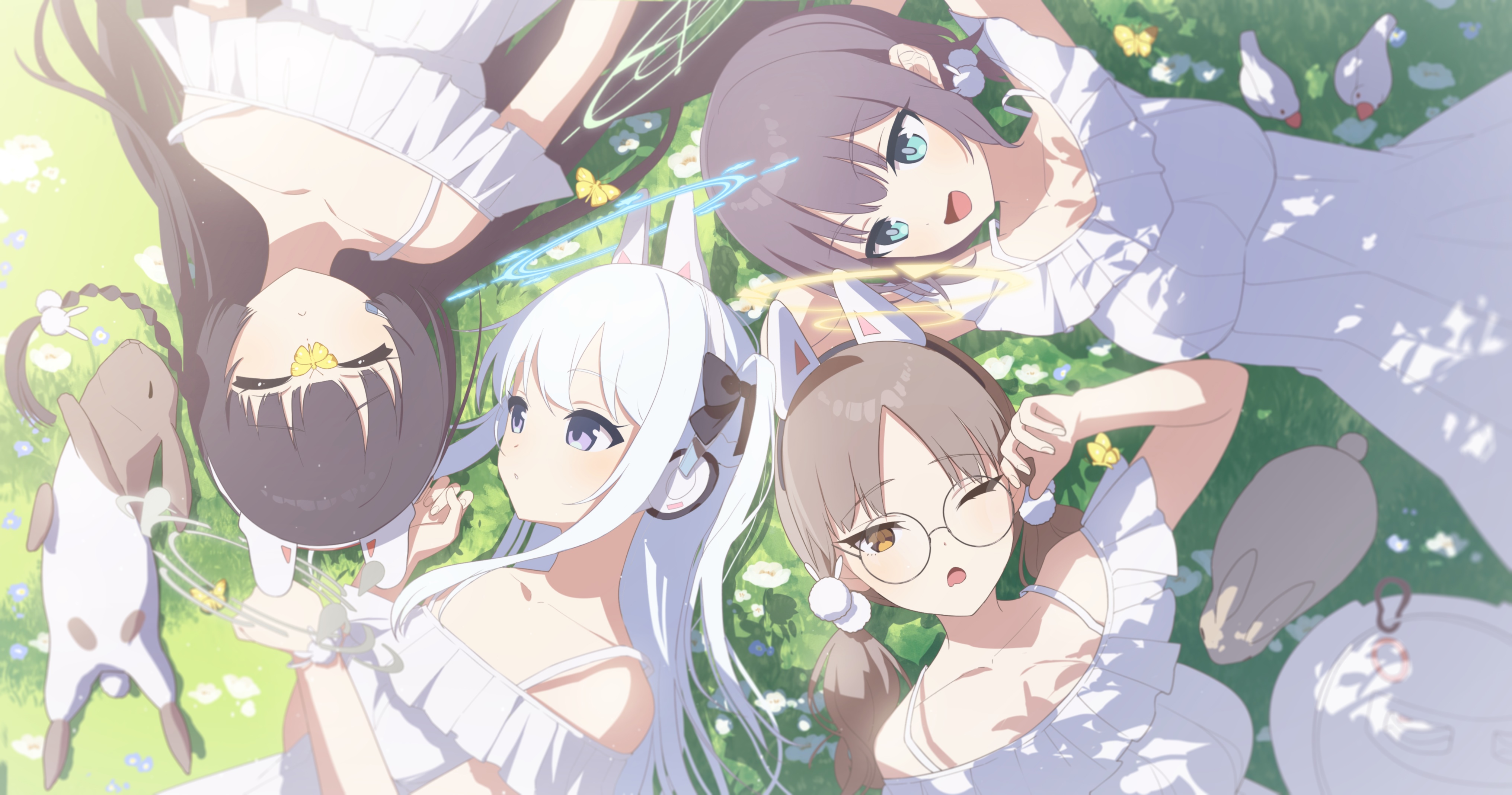 4K anime girls with cat ears lying on grass HD Wallpaper