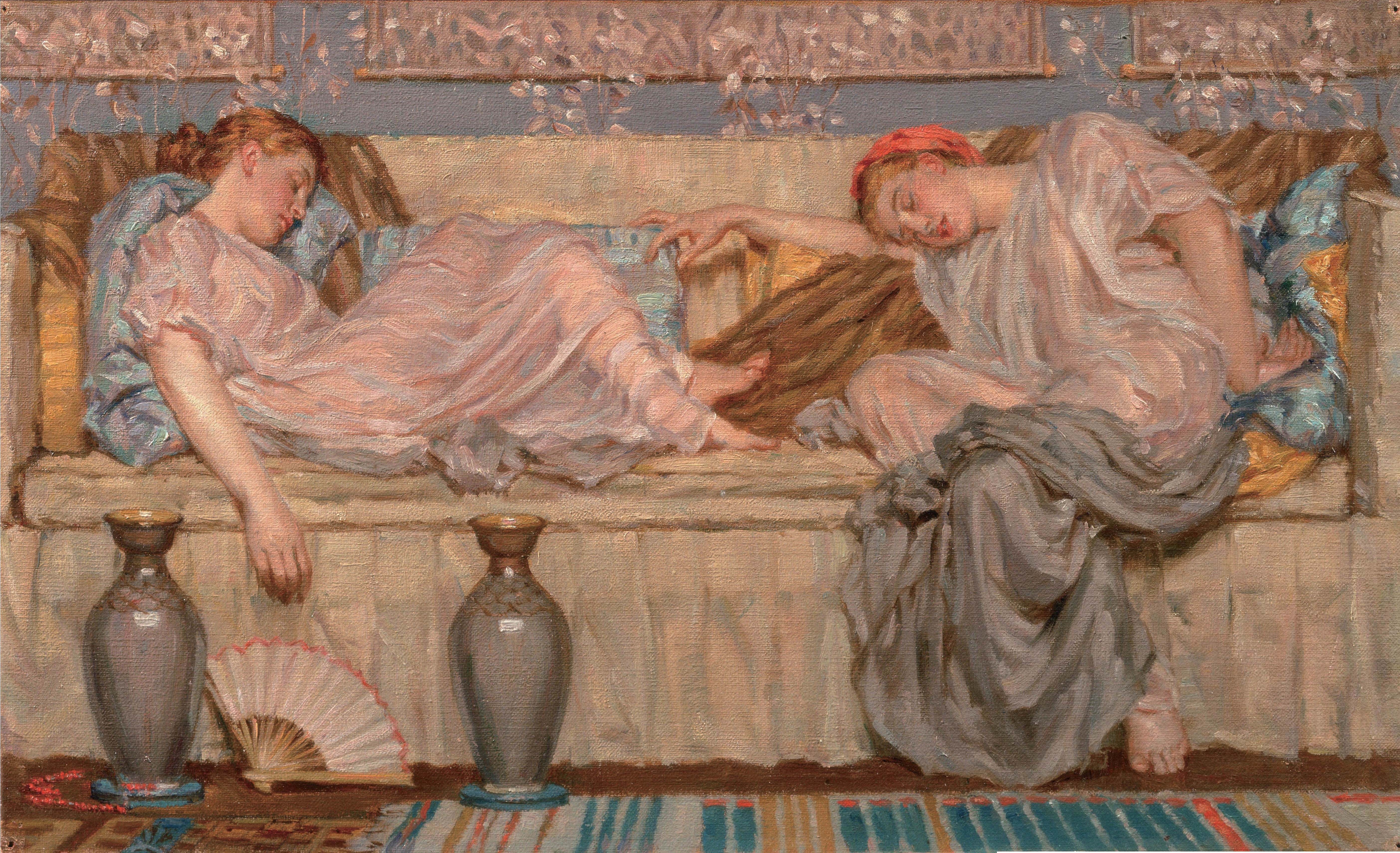 Two women sleeping on a couch by Albert Joseph Moore HD Wallpaper