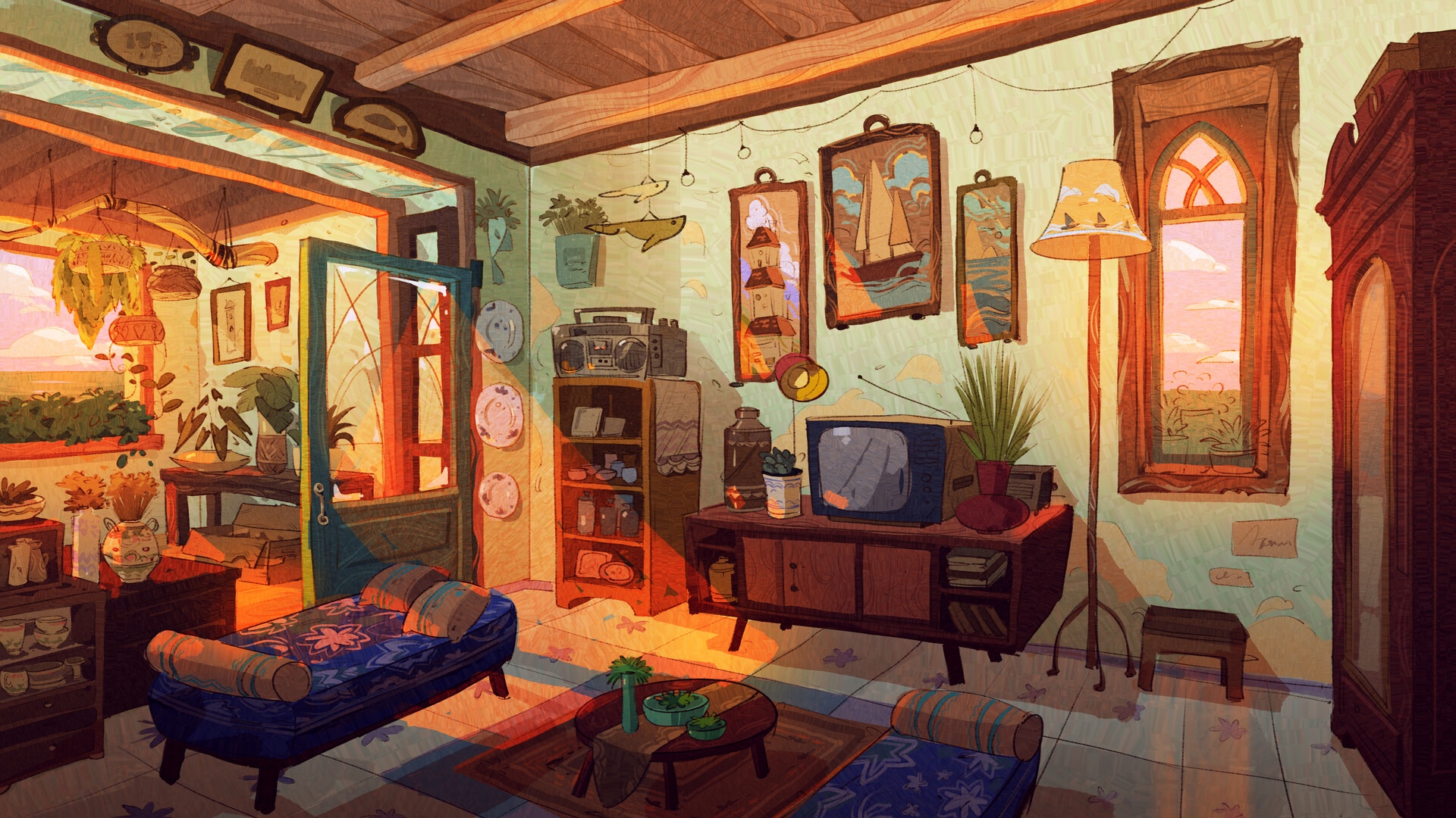 Cozy living room with plants and sunset view HD Wallpaper