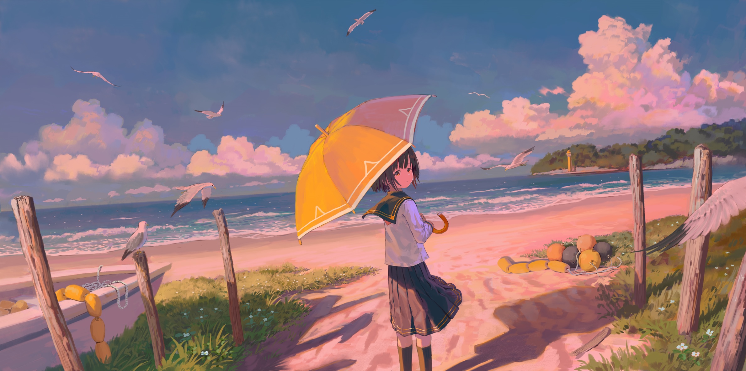 Schoolgirl with umbrella on a beach with seagulls HD Wallpaper