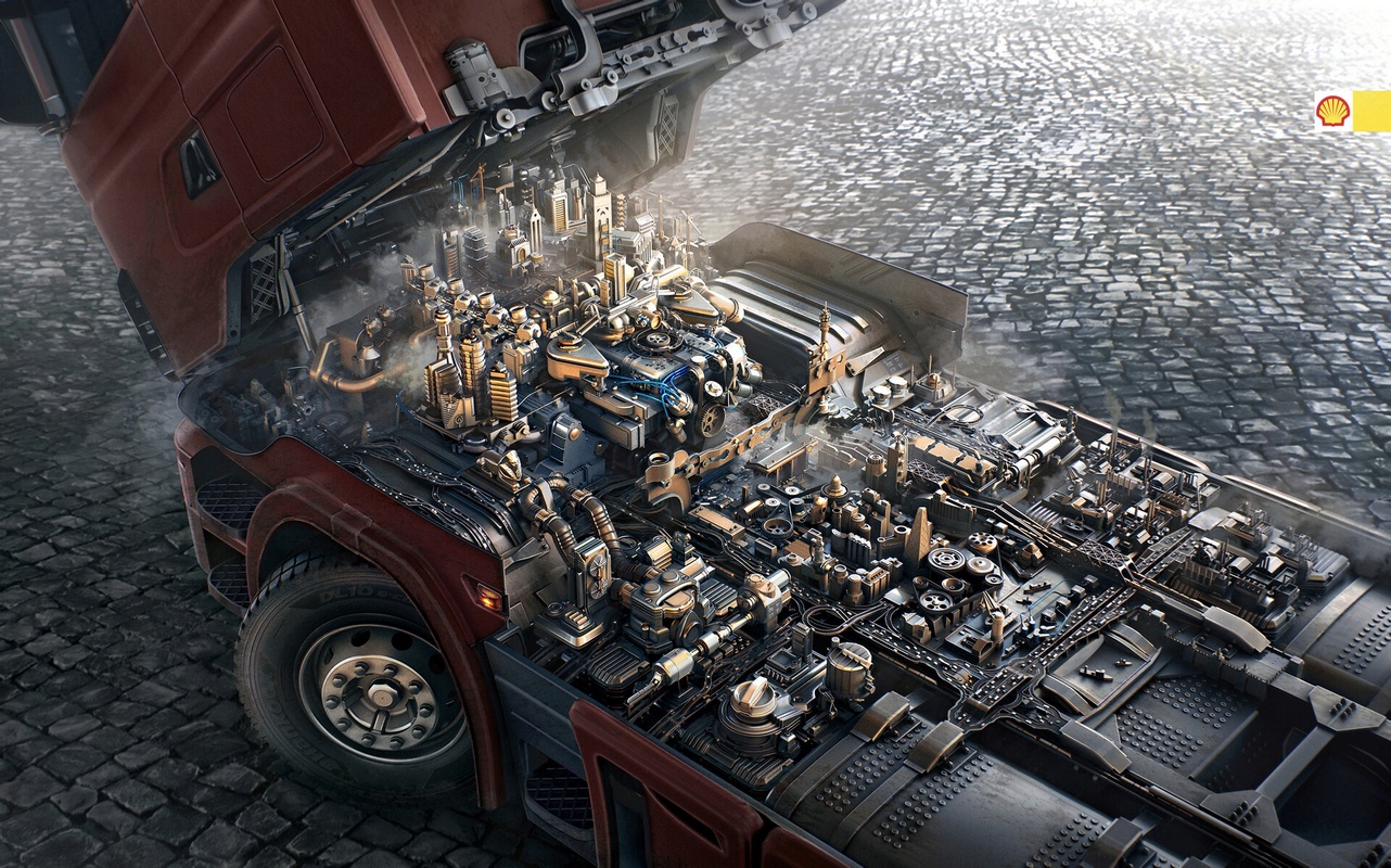 Shell Truck Engine as a Miniature City HD Wallpaper