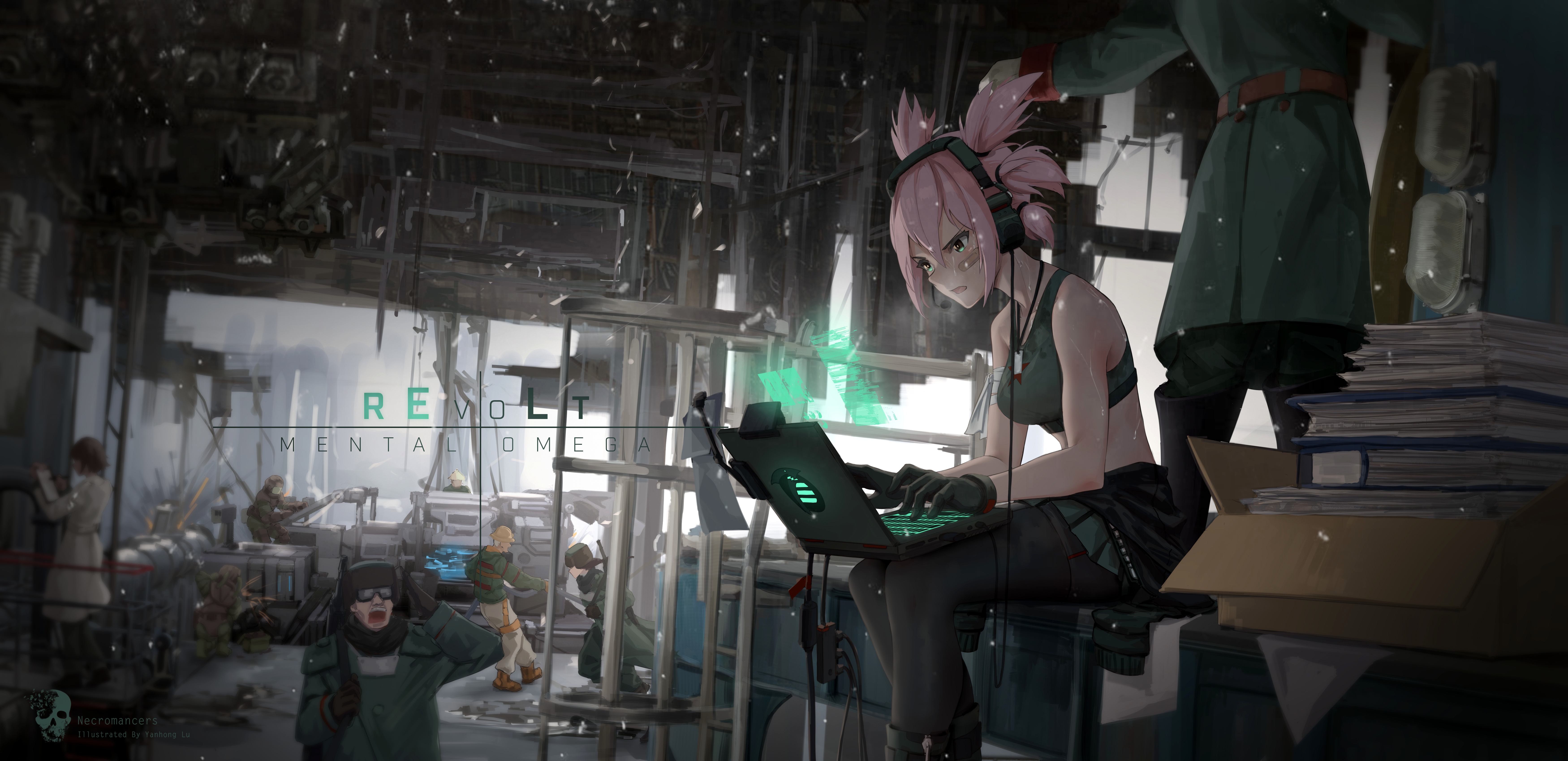 Yunru (Mental Omega) using a laptop in a workshop HD Wallpaper