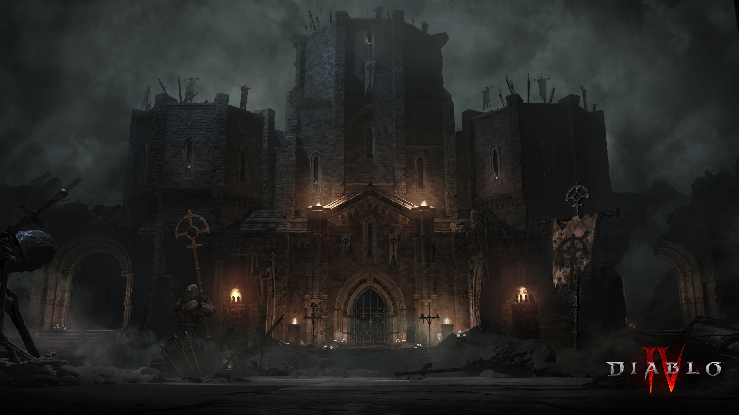 Diablo IV castle with banners and torches HD Wallpaper