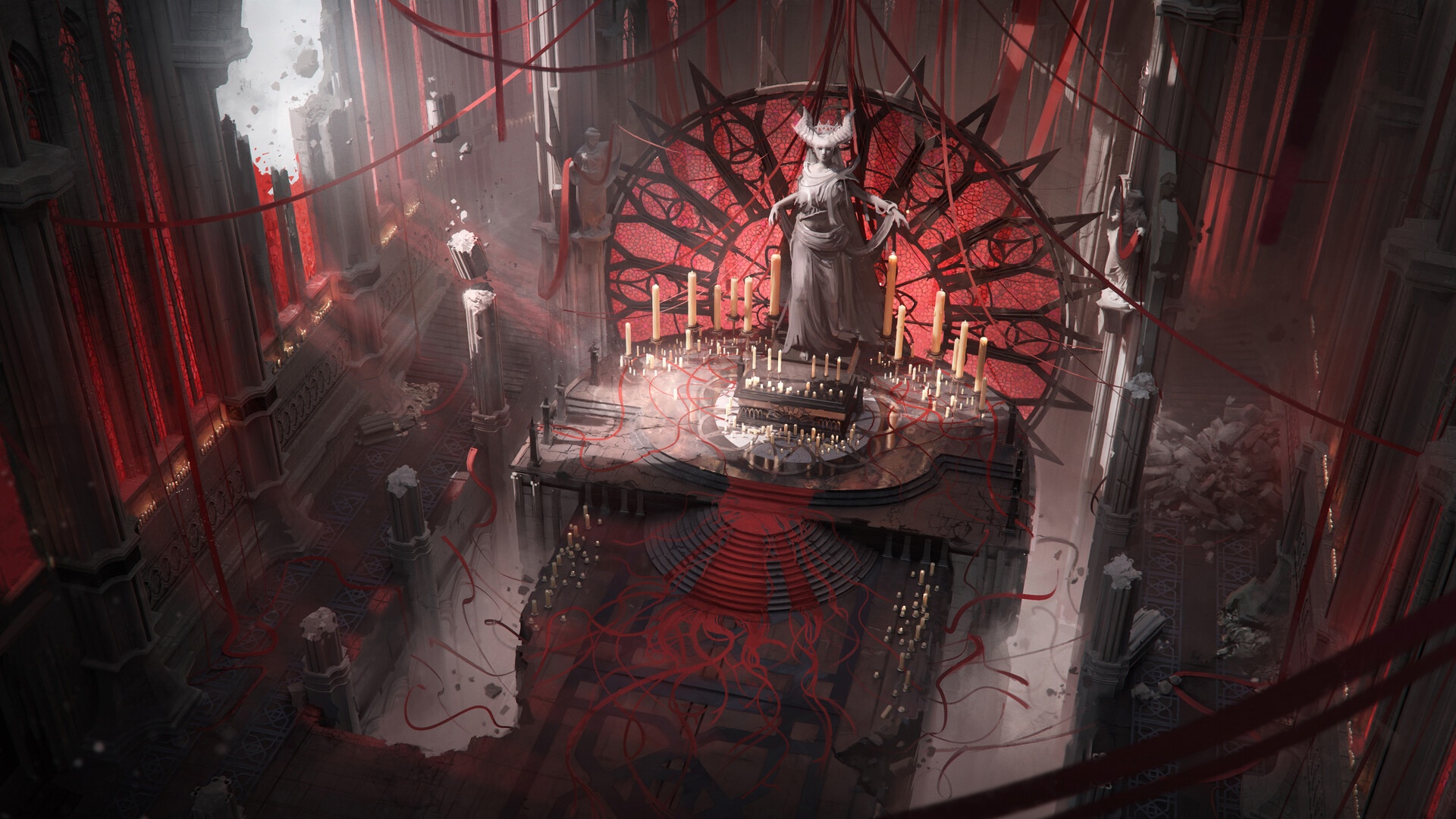 Diablo IV Ritual Chamber with Statue and Candles HD Wallpaper