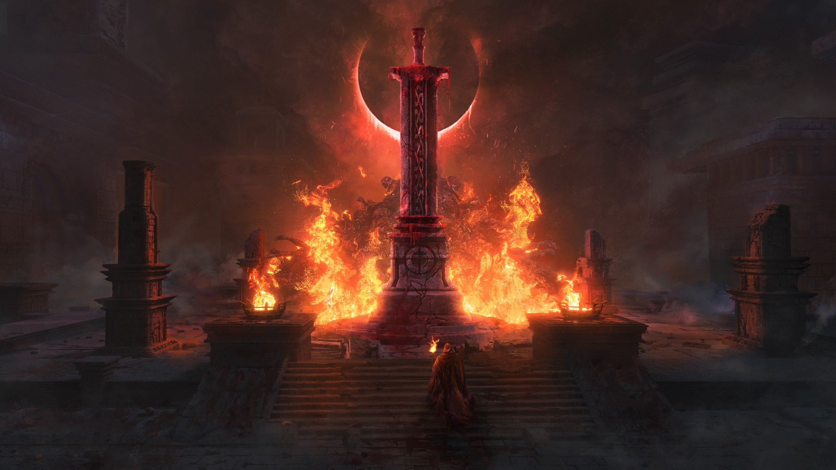 Diablo IV: A figure approaches a fiery altar with a sword HD Wallpaper