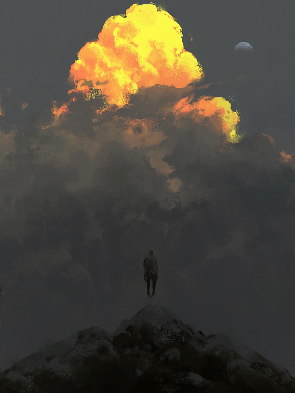 A person stands on a mountain under a bright cloud and planet HD Phone Wallpaper