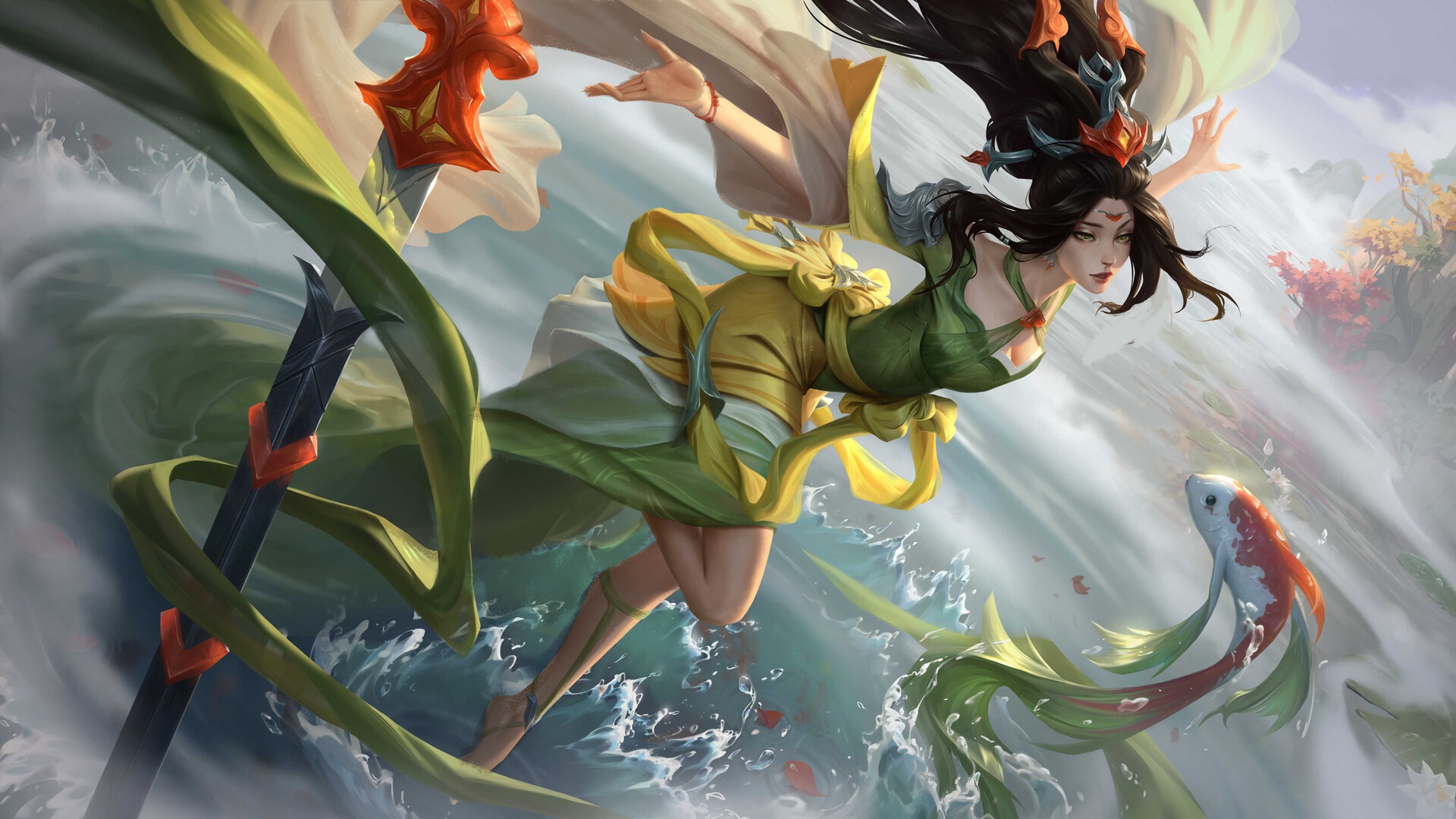 Naifan Zhang in green dress with koi fish HD Wallpaper