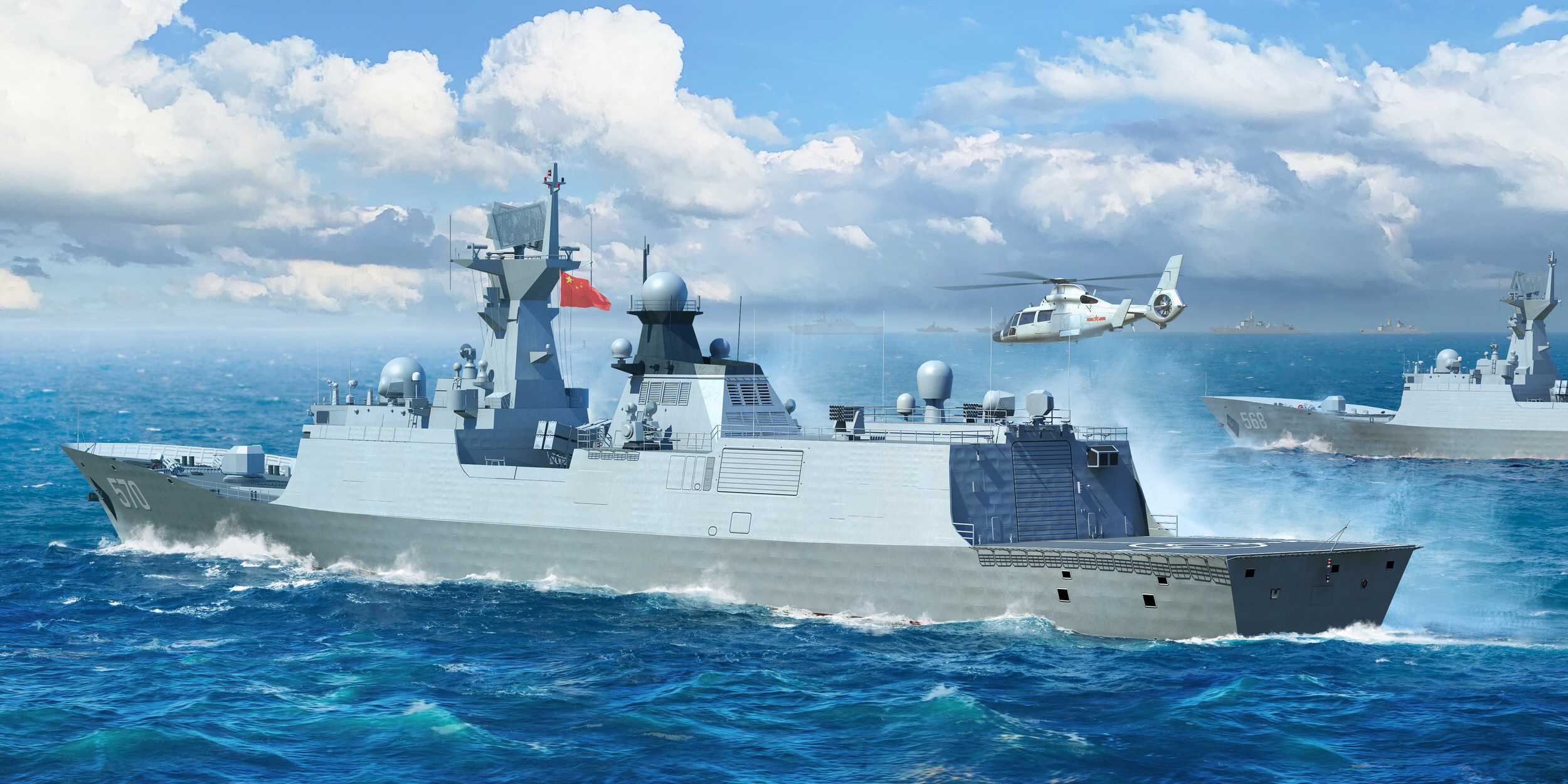 Chinese Navy warships and helicopter at sea HD Wallpaper