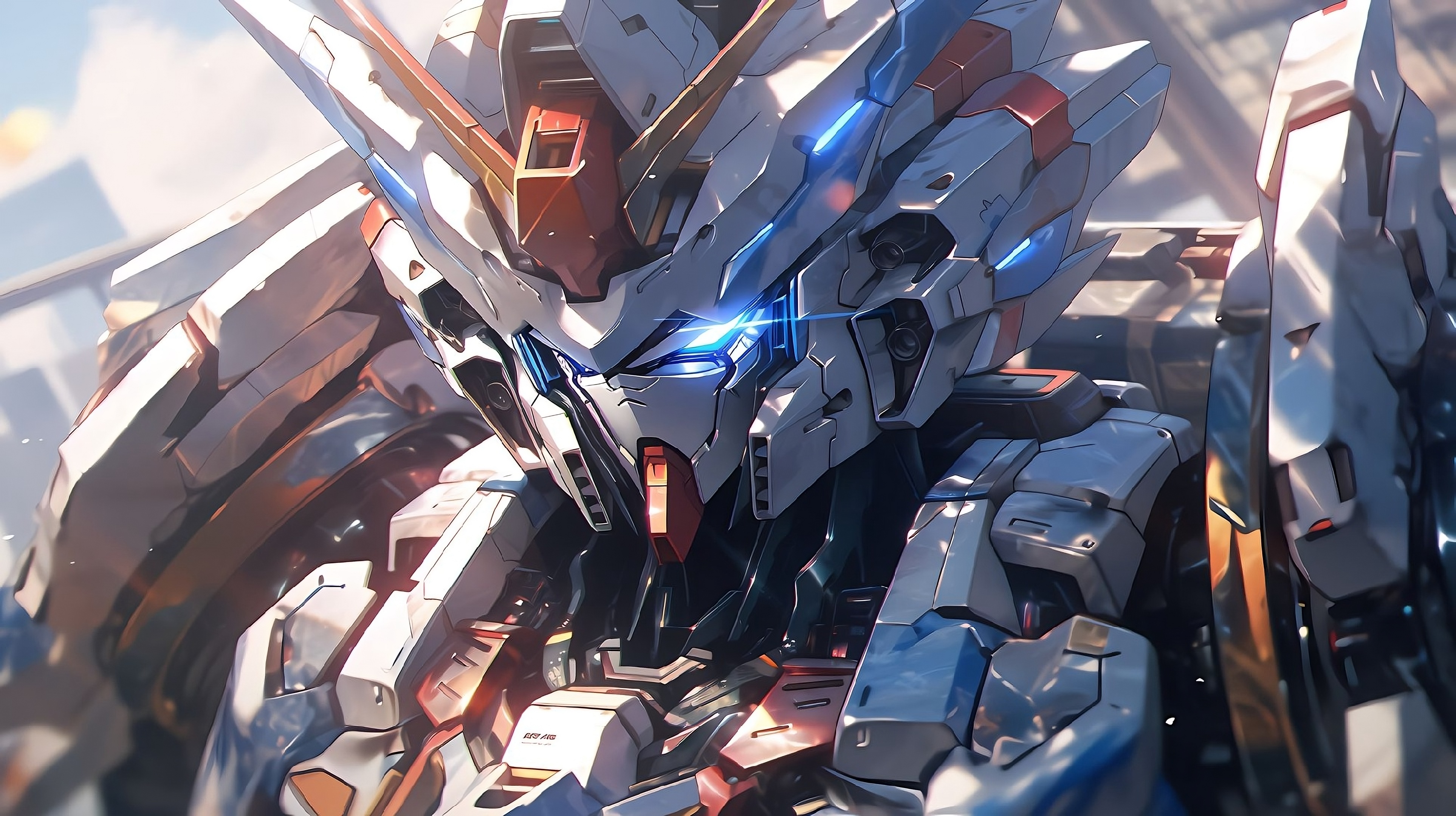 4K Gundam close-up with blue glowing eyes HD Wallpaper