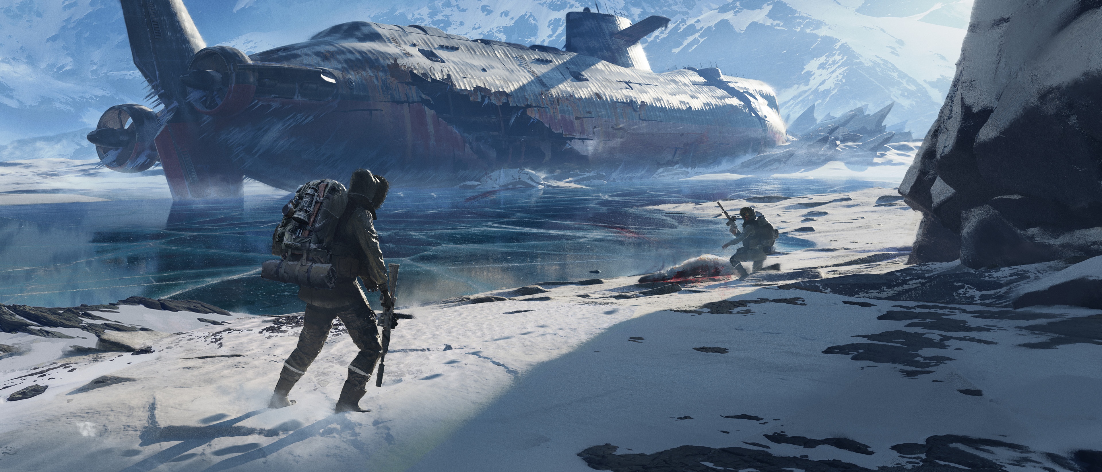 Soldiers near a stranded submarine in a snowy environment HD Wallpaper