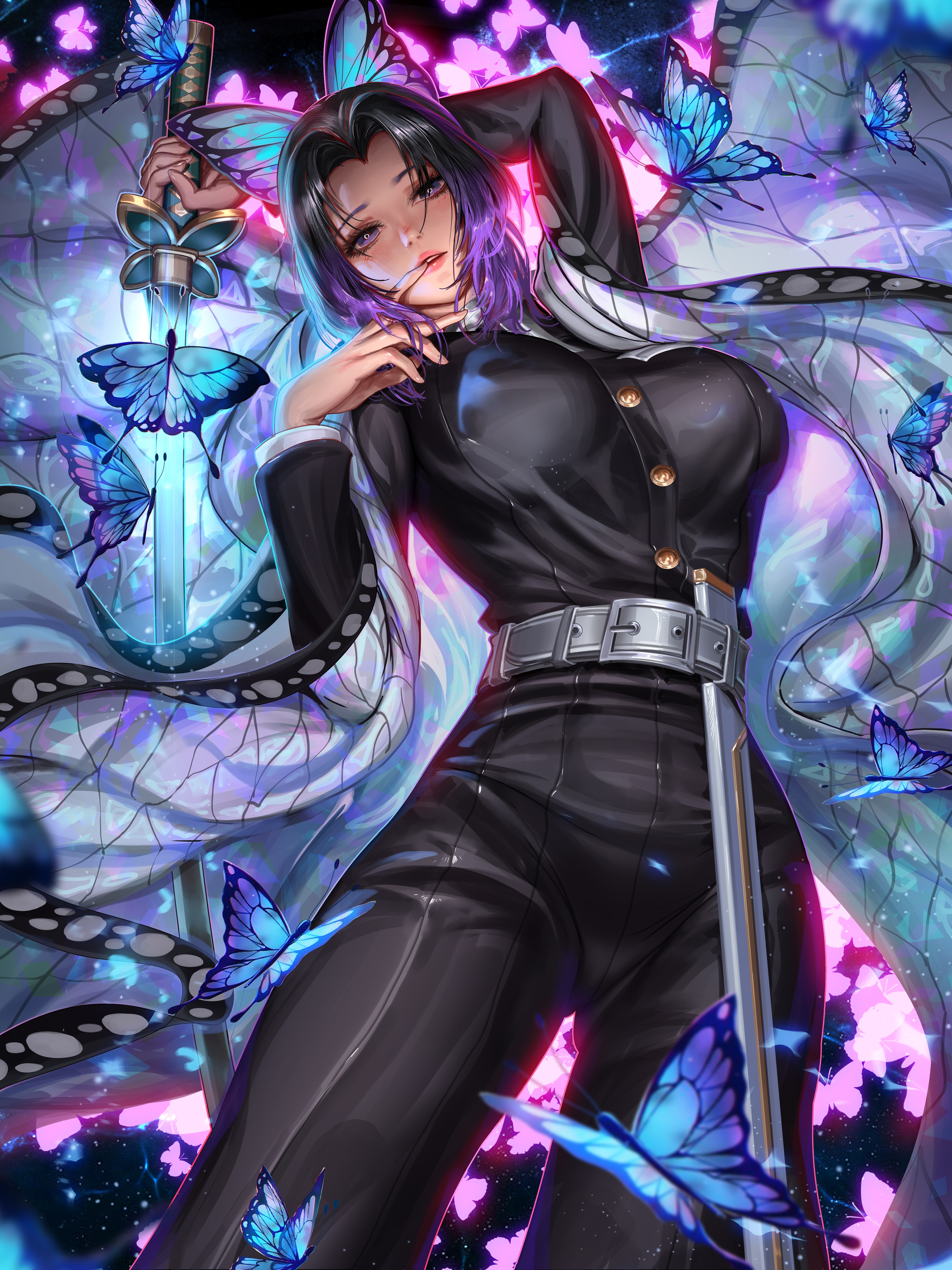 Kochou Shinobu with Butterflies and Sword HD Phone Wallpaper