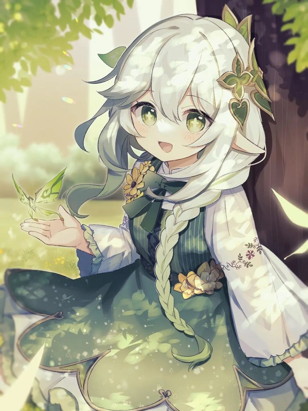 Nahida from Genshin Impact with a butterfly HD Phone Wallpaper