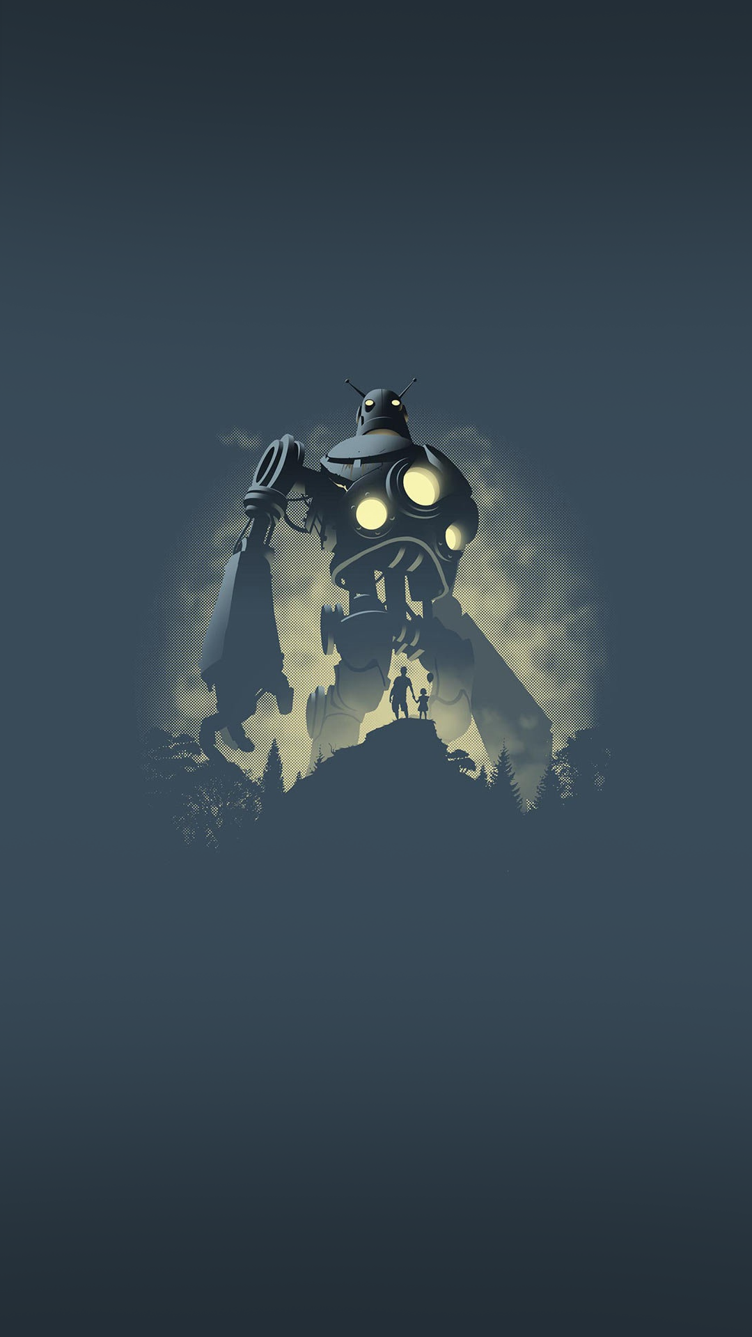 The Iron Giant stands over two people on a hill HD Phone Wallpaper