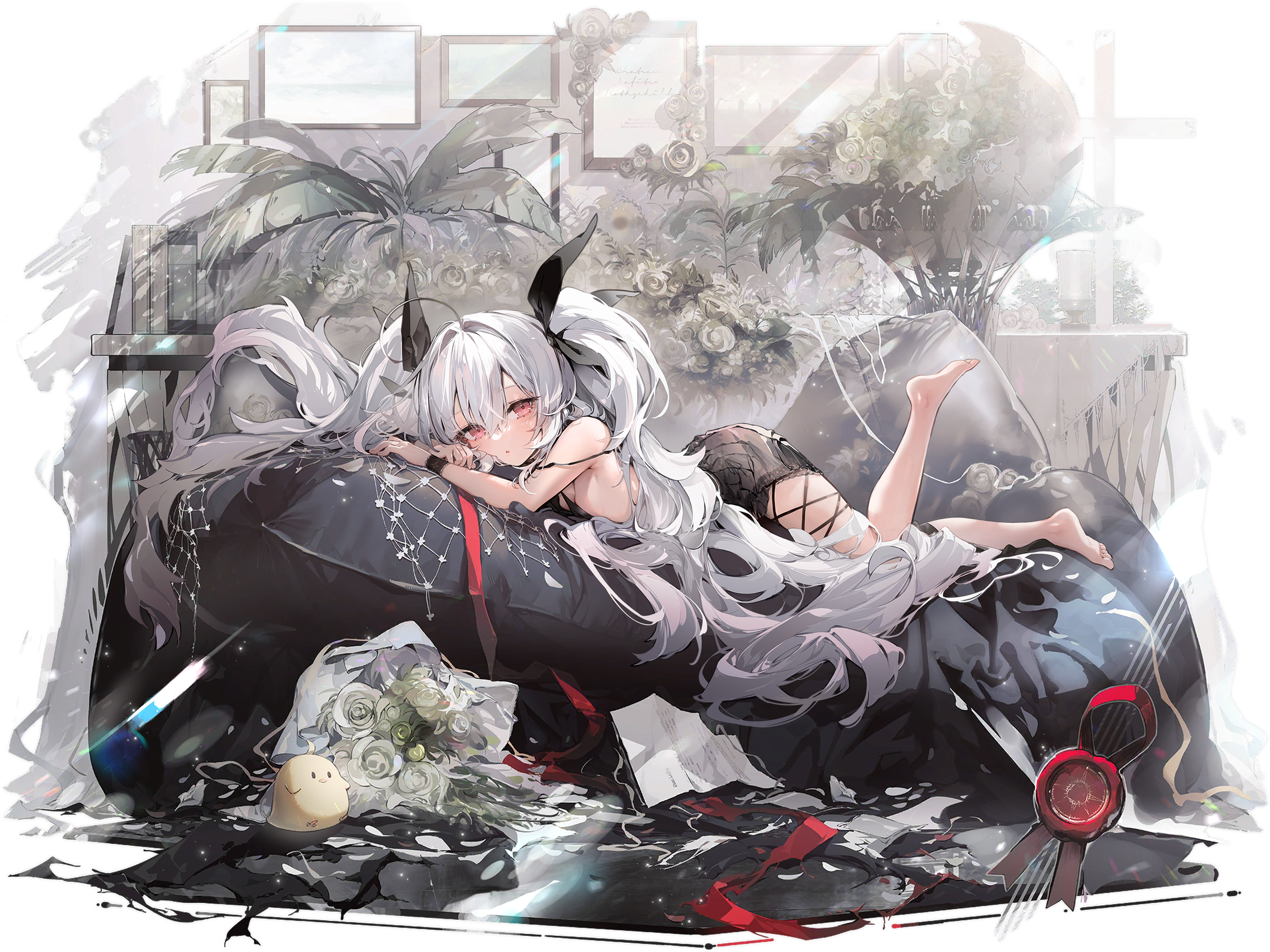 Girl with gray twintails and red eyes lying on couch HD Wallpaper