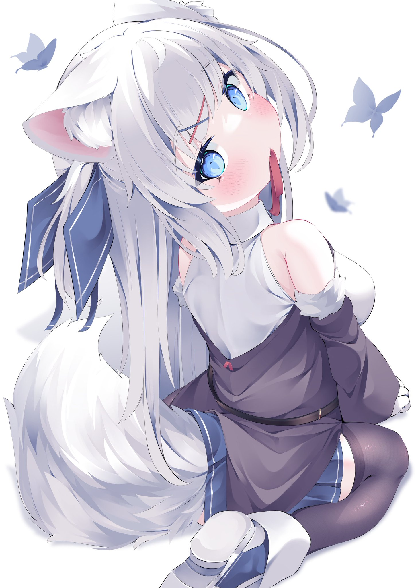 Fox girl with blue eyes and gray hair looking back HD Phone Wallpaper