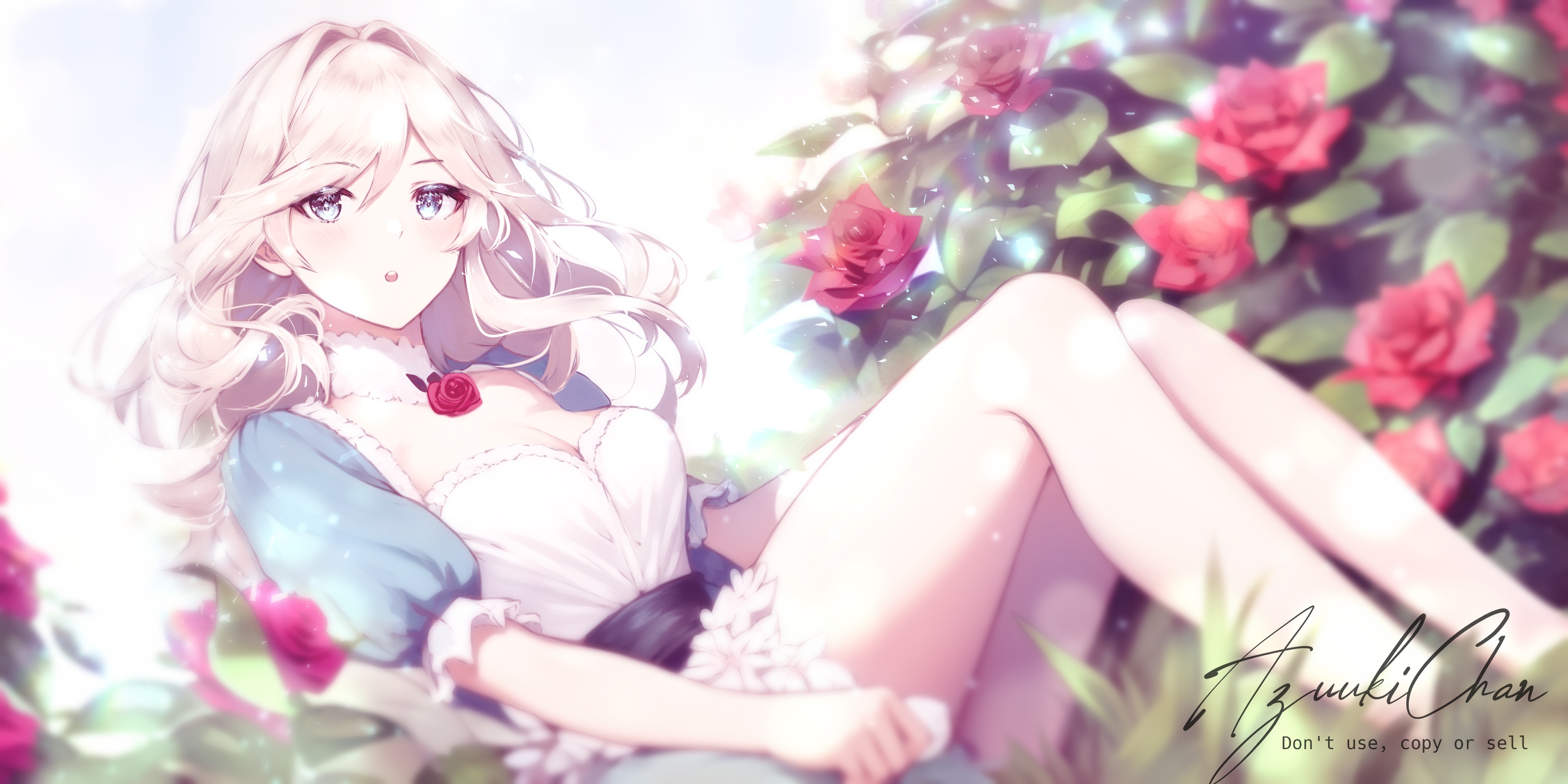 Anime girl with blonde hair and blue eyes in a garden HD Wallpaper