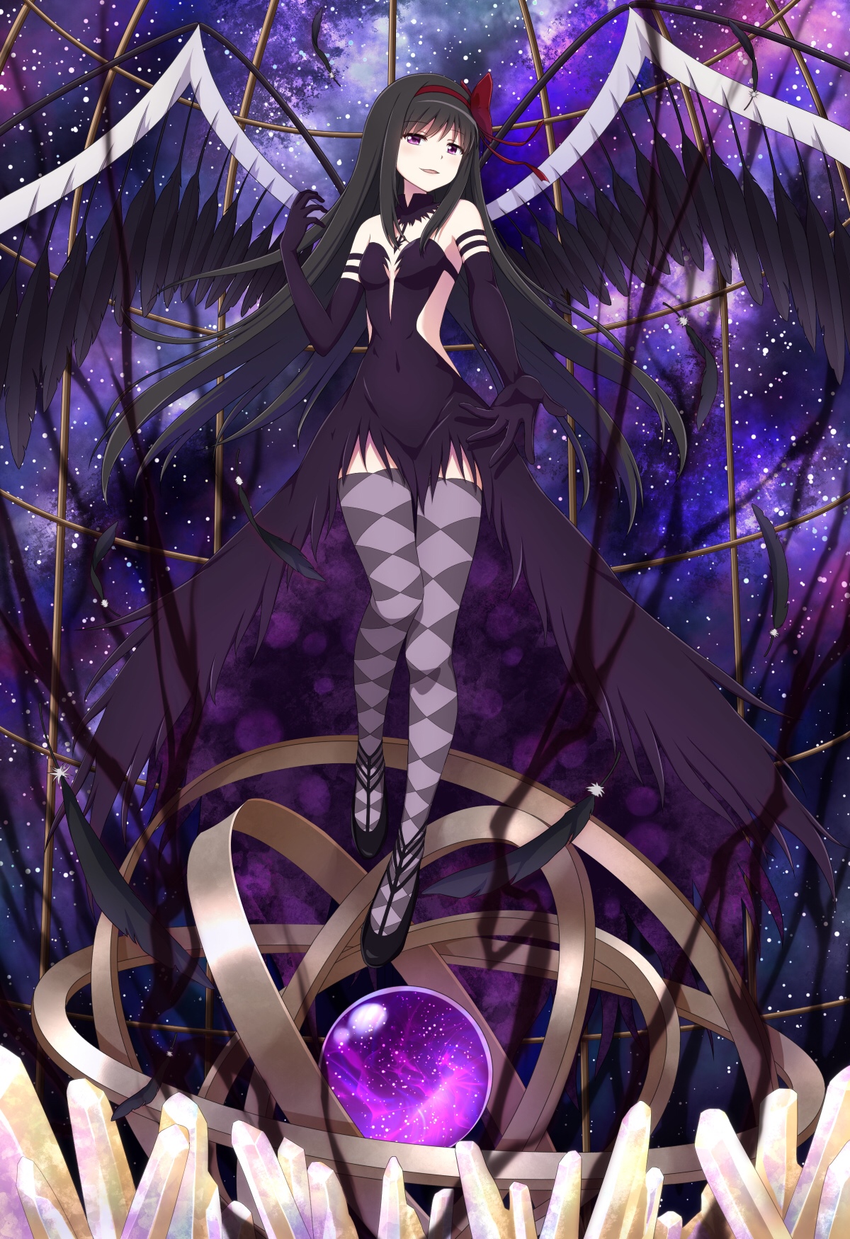 Homura Akemi with Black Wings and Soul Gem HD Phone Wallpaper