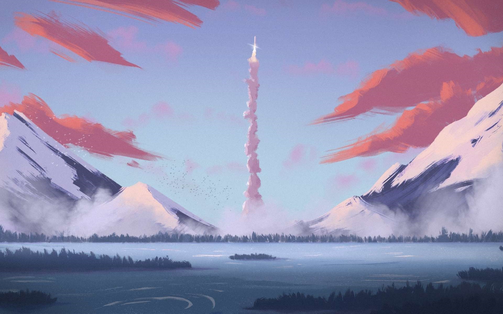 Rocket Launching Over Snowy Mountains and Lake HD Wallpaper
