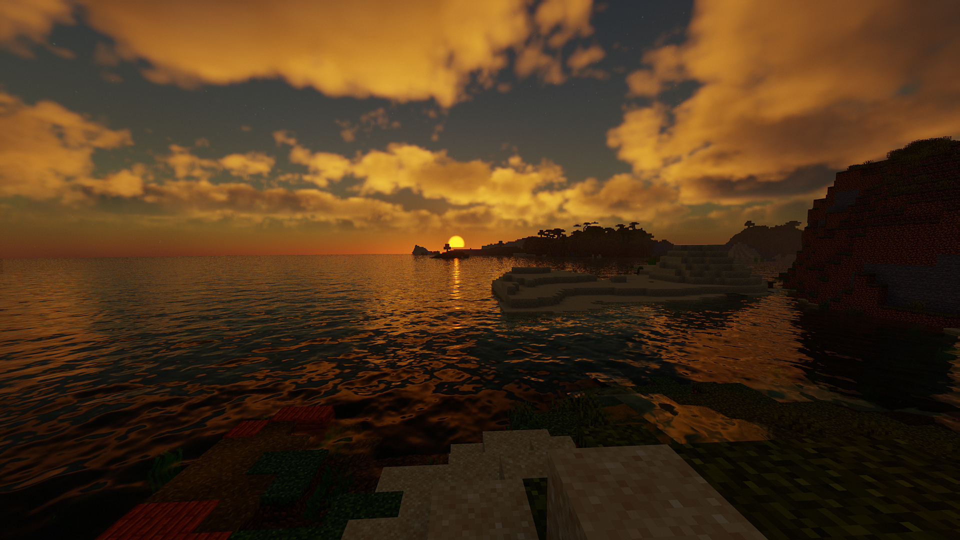 Minecraft sunset over the ocean with islands HD Wallpaper