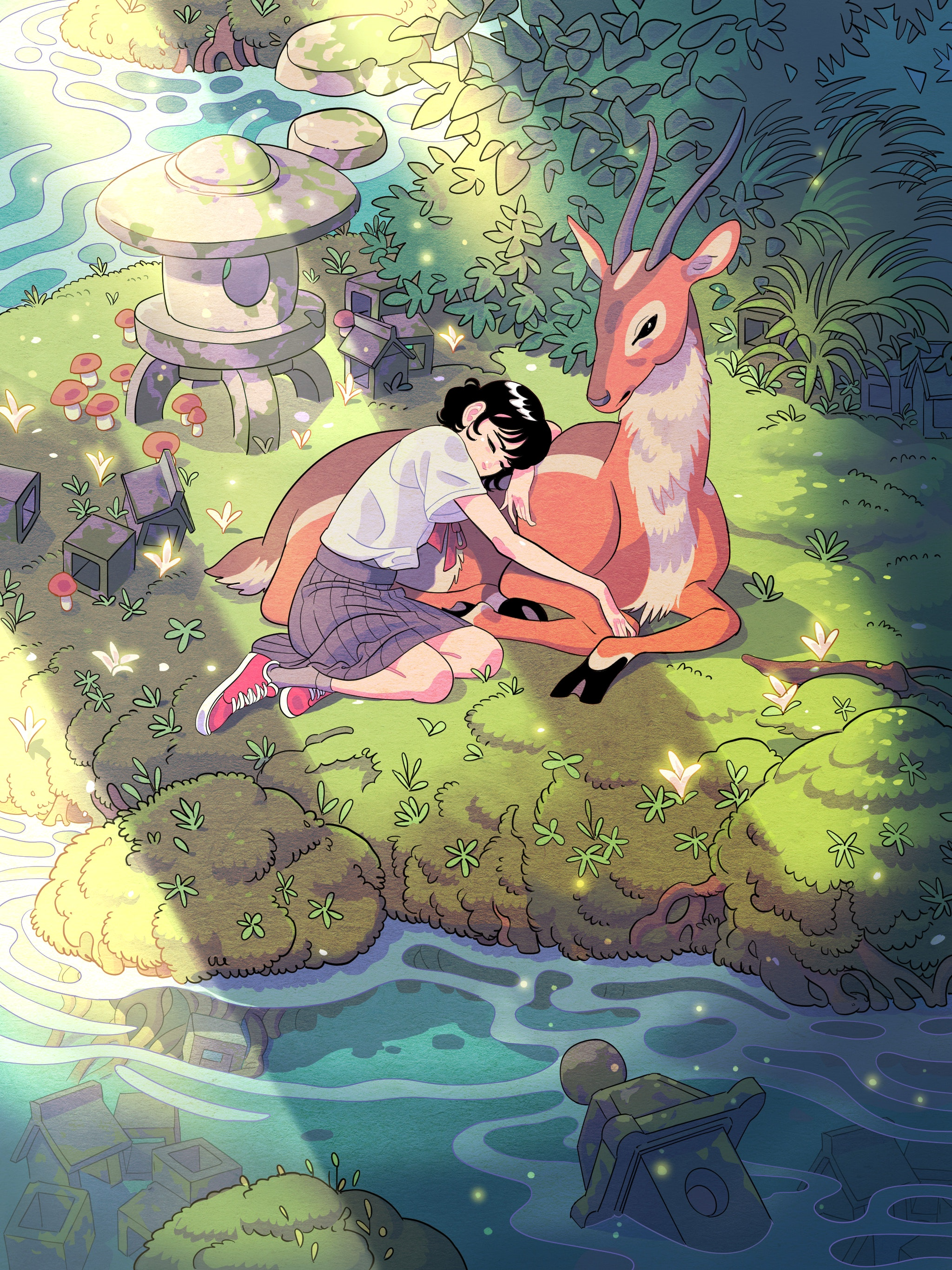 Girl sleeping with a deer in a garden HD Phone Wallpaper