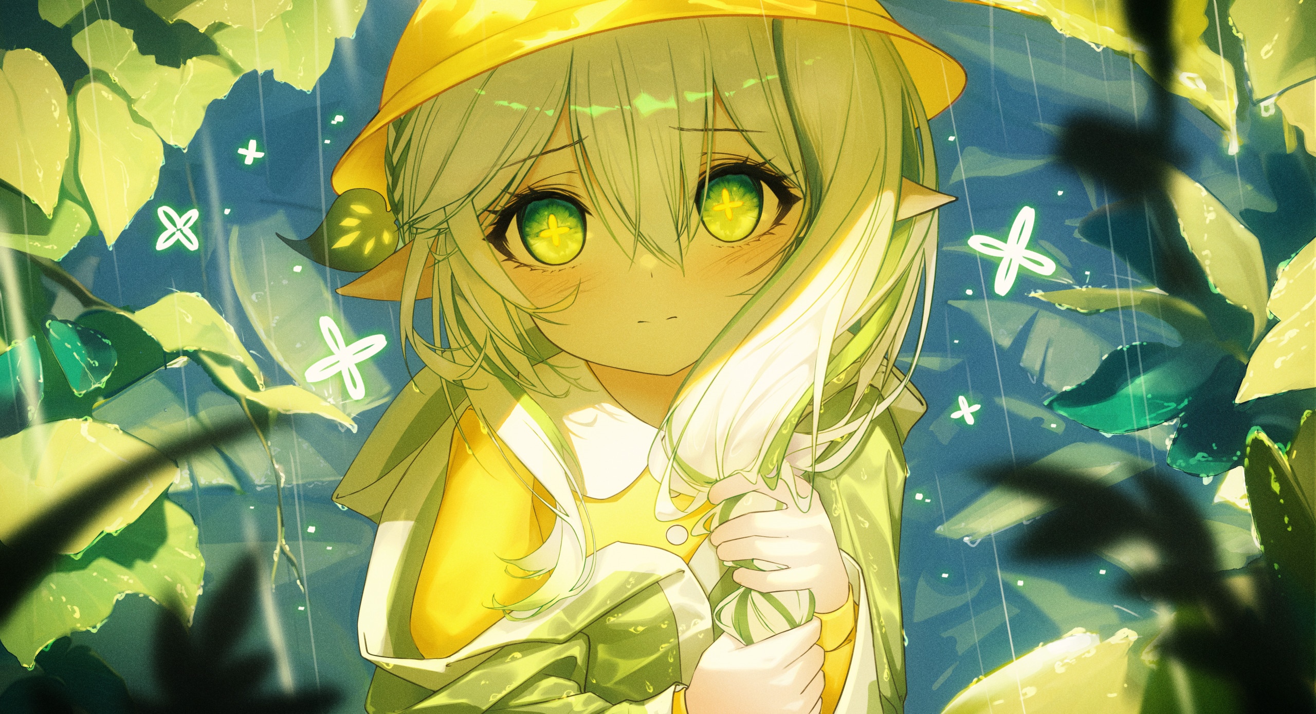 Anime girl in yellow raincoat in the rain HD Wallpaper