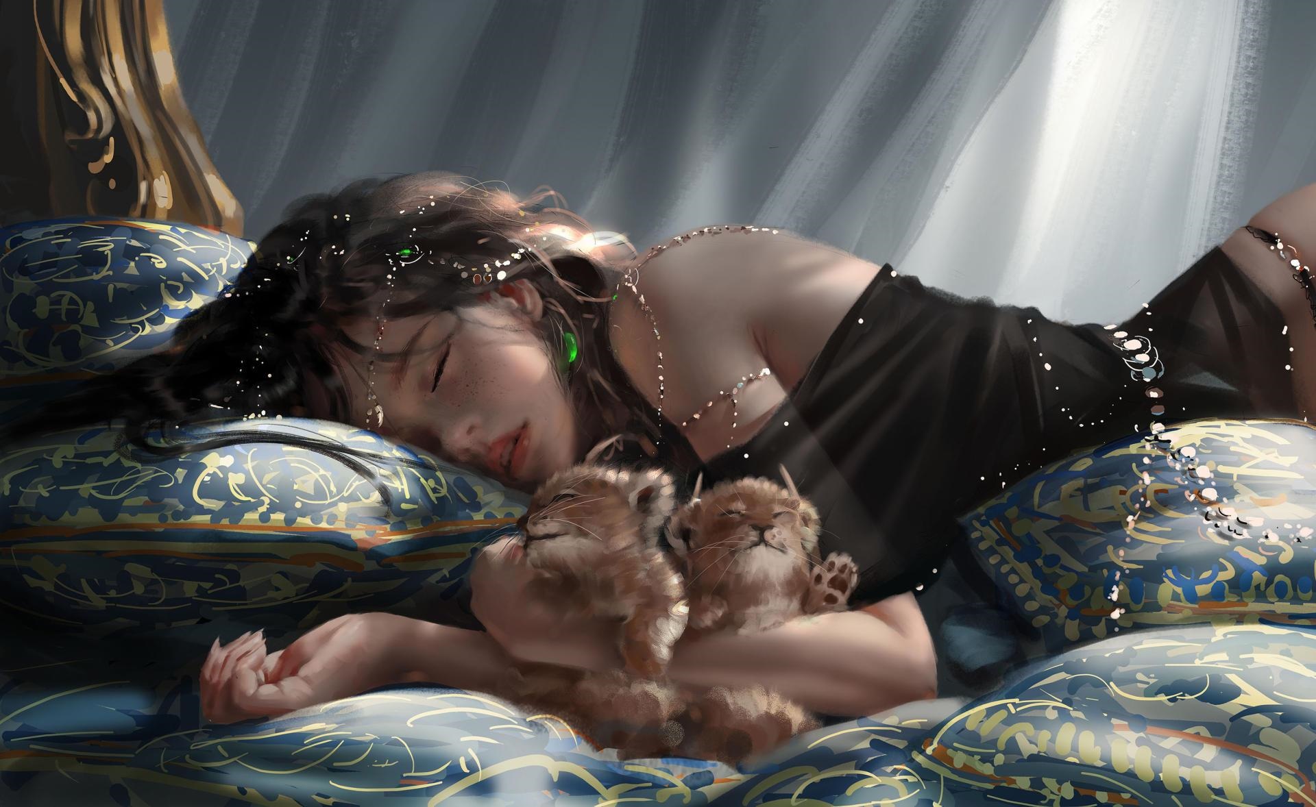 Woman sleeping with two lion cubs on pillows HD Wallpaper