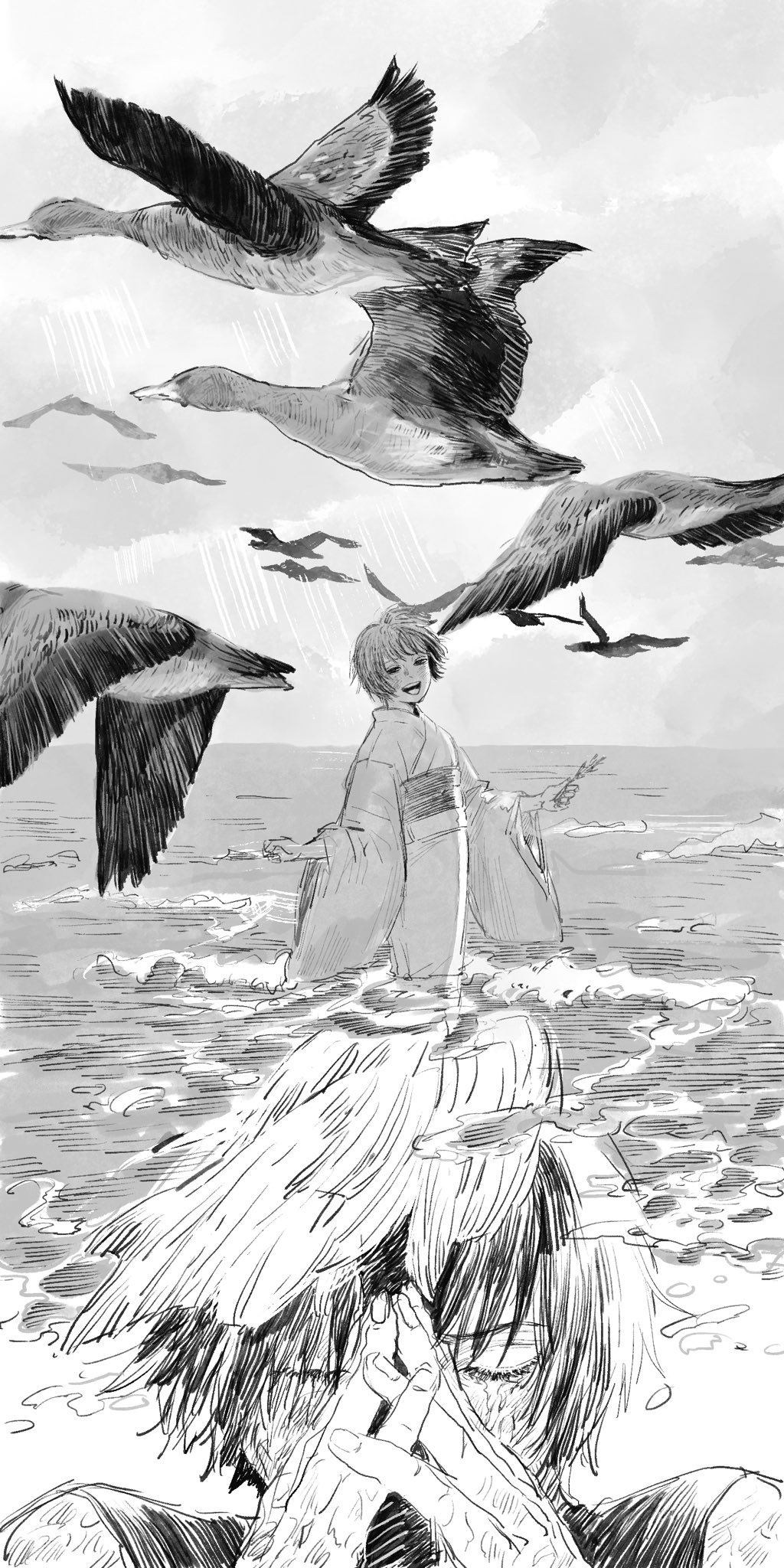 Jujutsu Kaisen: Maki stands in water with birds flying overhead HD Phone Wallpaper